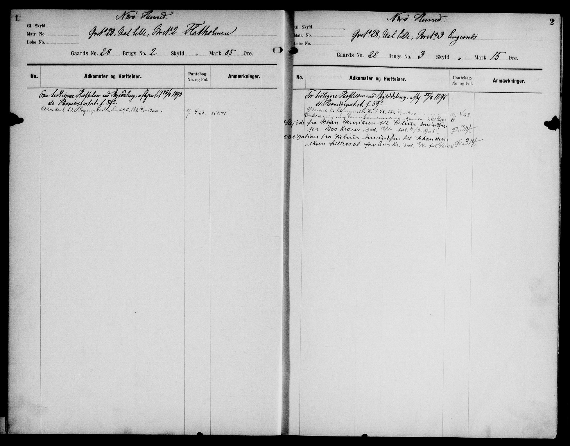 Namdal sorenskriveri, SAT/A-4133/1/2/2A/2Aa/L0015: Mortgage register no. 15, 1898-1906, p. 1-2