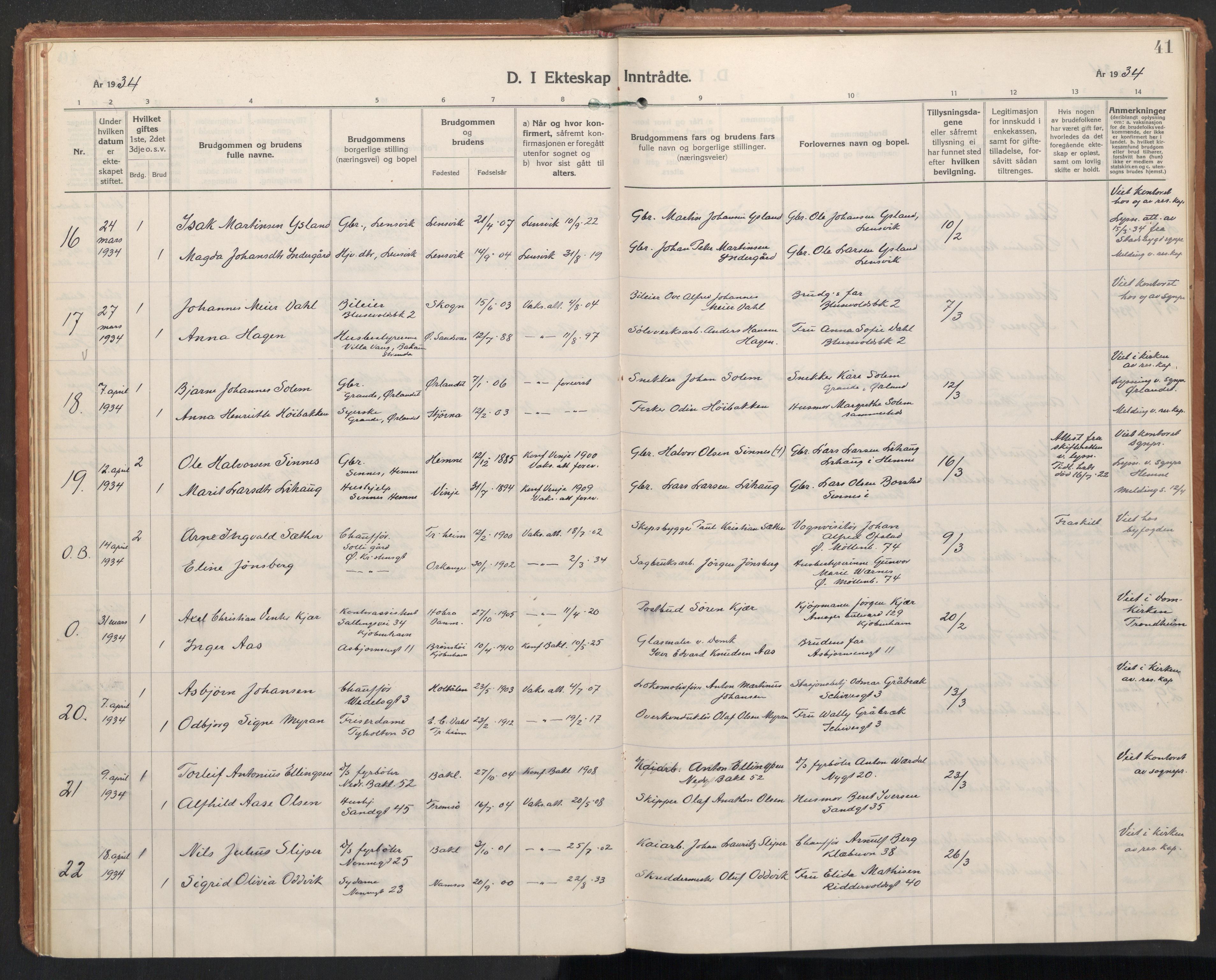 Ministerialprotokoller, klokkerbøker og fødselsregistre - Sør-Trøndelag, AV/SAT-A-1456/604/L0209: Parish register (official) no. 604A29, 1931-1945, p. 41