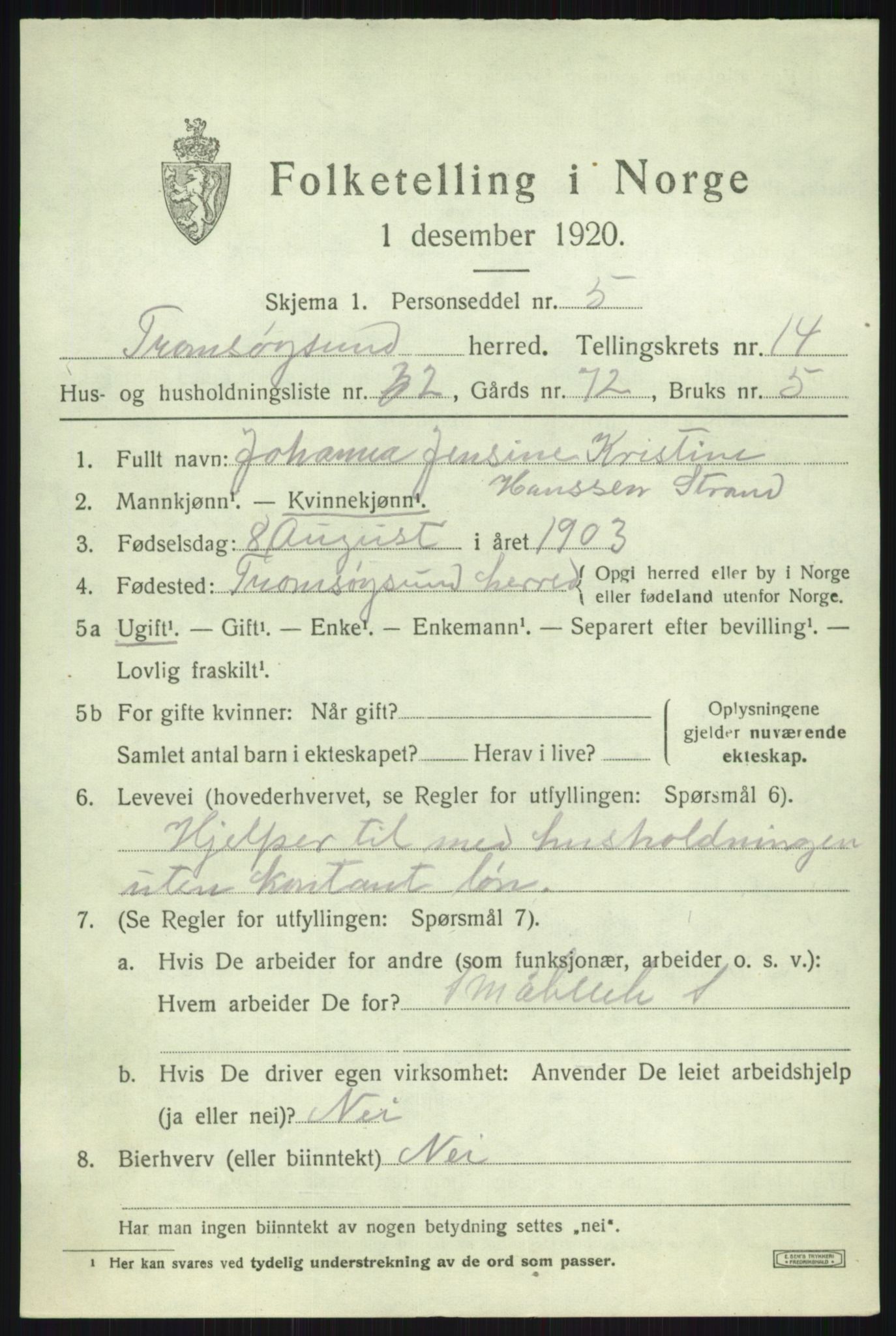 SATØ, 1920 census for Tromsøysund, 1920, p. 8890