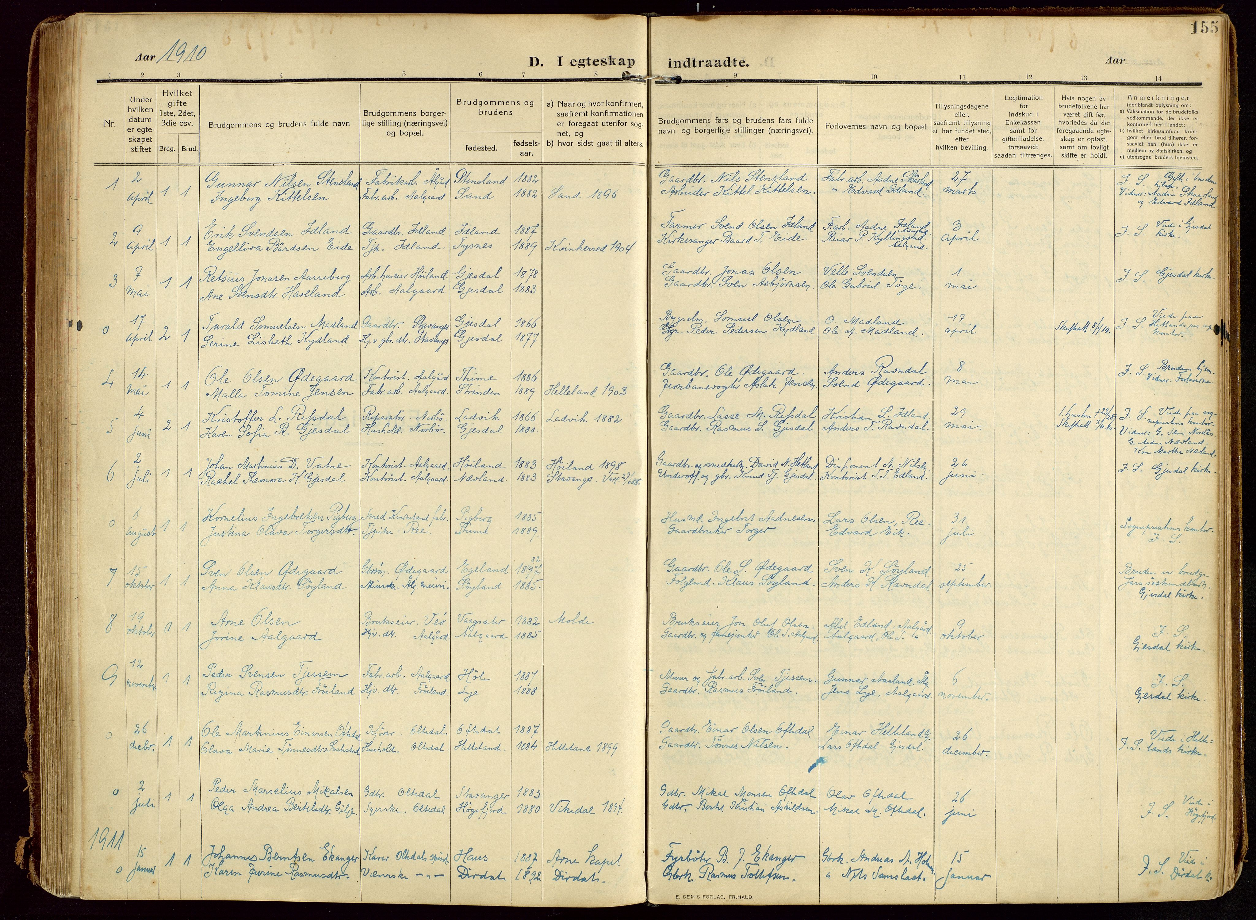 Lye sokneprestkontor, SAST/A-101794/002/B/L0001: Parish register (official) no. A 13, 1910-1925, p. 155