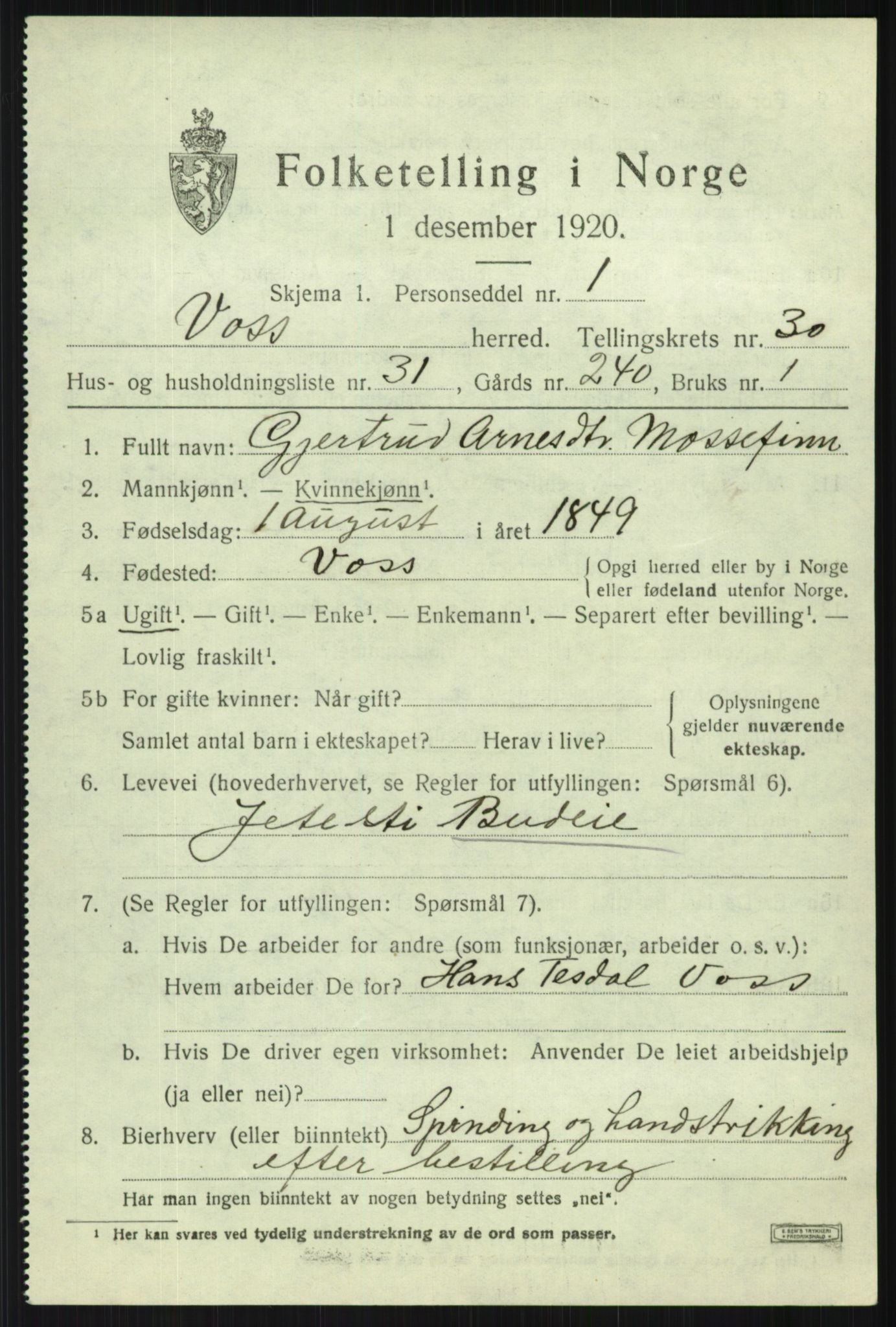 SAB, 1920 census for Voss, 1920, p. 19915