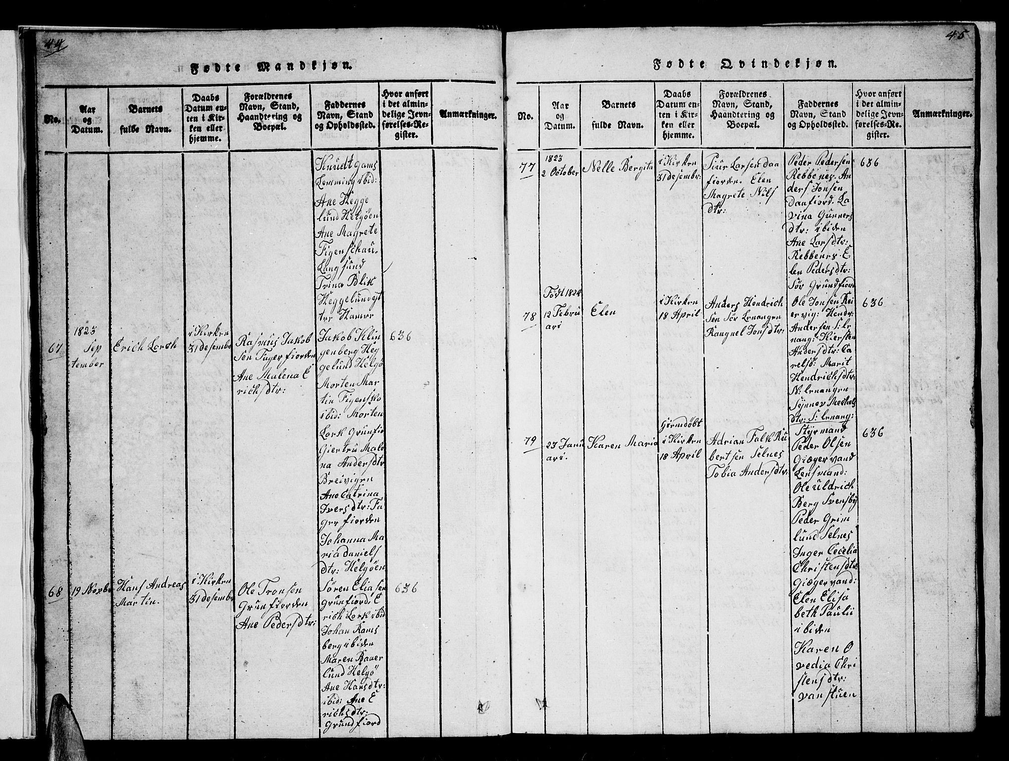 Karlsøy sokneprestembete, AV/SATØ-S-1299/H/Ha/Hab/L0001klokker: Parish register (copy) no. 1, 1821-1840, p. 44-45