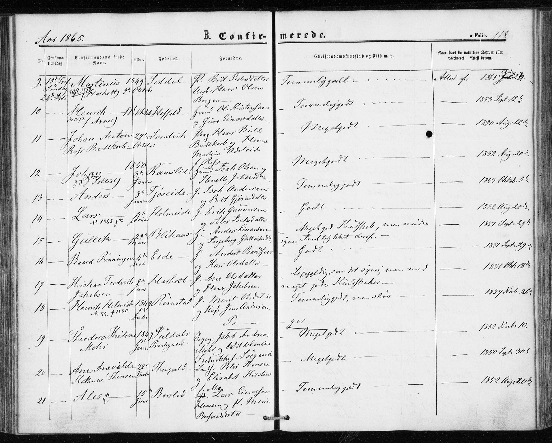 Ministerialprotokoller, klokkerbøker og fødselsregistre - Møre og Romsdal, AV/SAT-A-1454/586/L0985: Parish register (official) no. 586A11, 1857-1866, p. 118