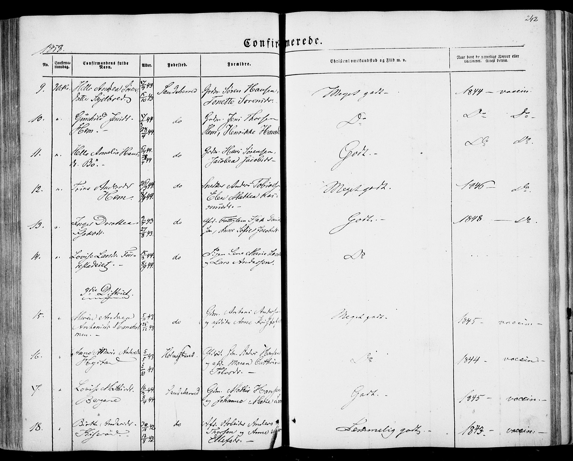 Sandar kirkebøker, AV/SAKO-A-243/F/Fa/L0007: Parish register (official) no. 7, 1855-1861, p. 242