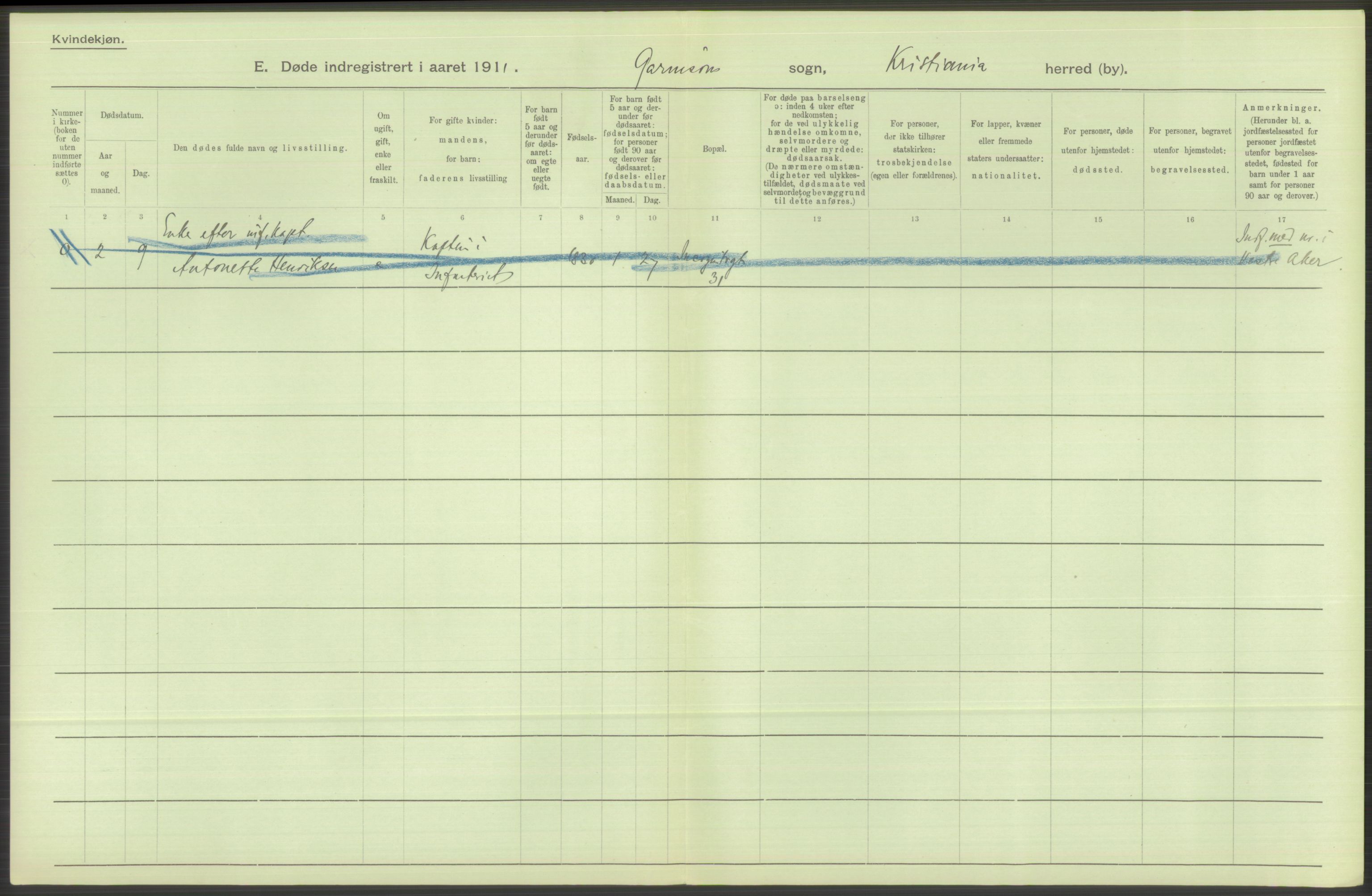 Statistisk sentralbyrå, Sosiodemografiske emner, Befolkning, AV/RA-S-2228/D/Df/Dfb/Dfba/L0010: Kristiania: Døde kvinner samt dødfødte., 1911, p. 456