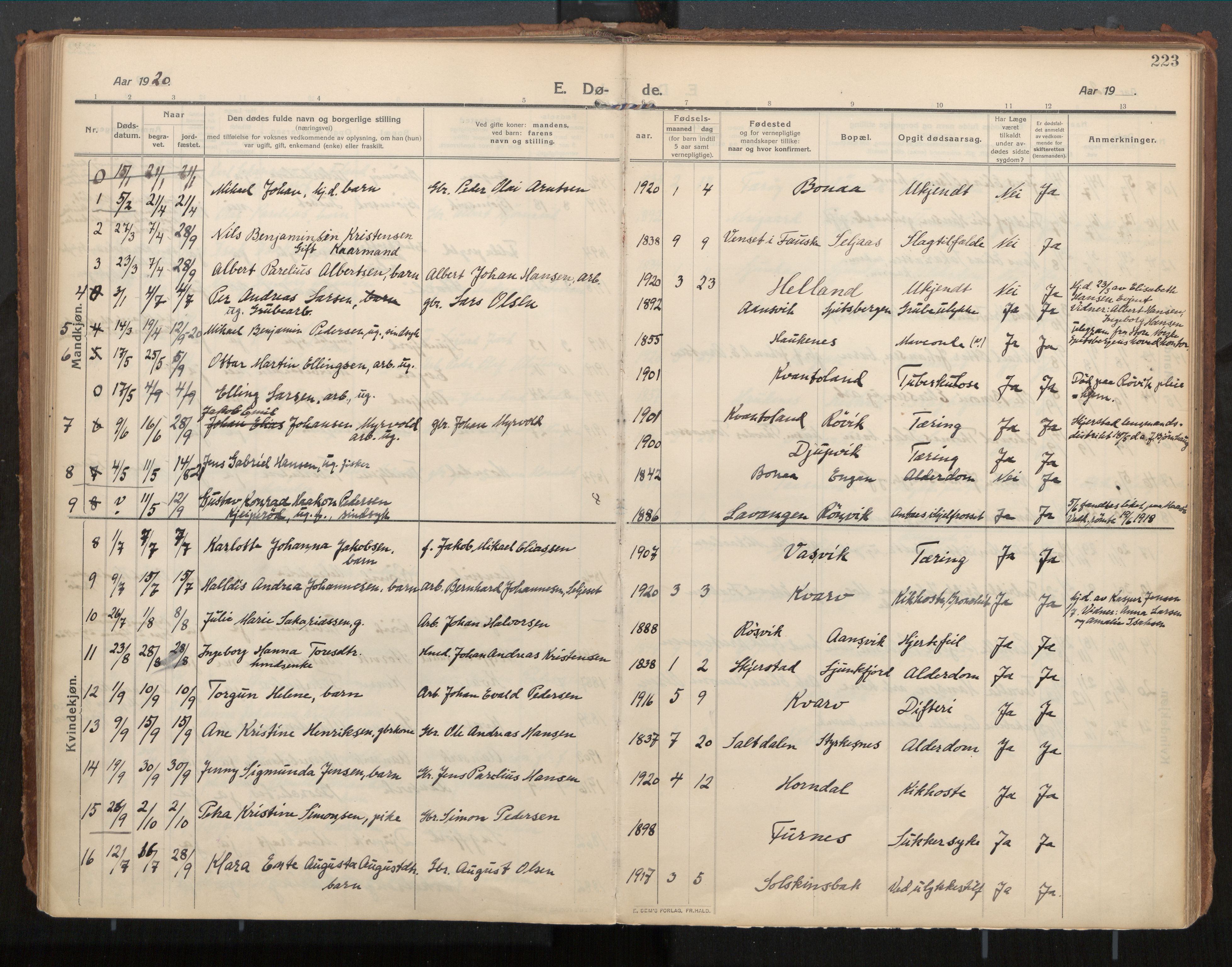 Ministerialprotokoller, klokkerbøker og fødselsregistre - Nordland, AV/SAT-A-1459/854/L0784: Parish register (official) no. 854A07, 1910-1922, p. 223