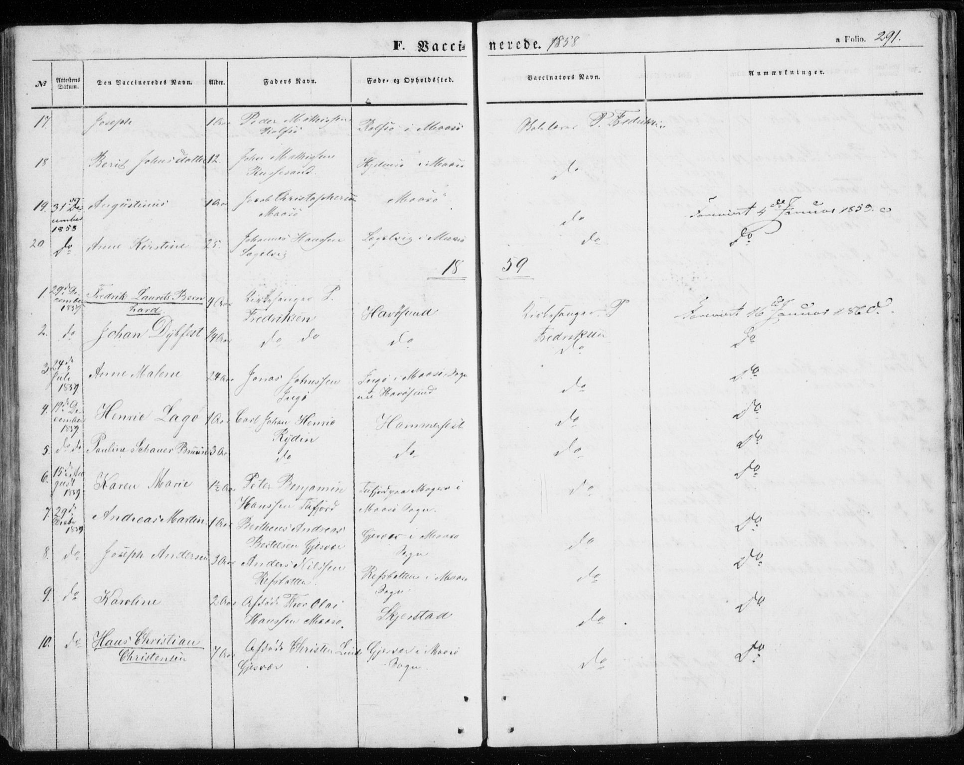 Måsøy sokneprestkontor, AV/SATØ-S-1348/H/Ha/L0002kirke: Parish register (official) no. 2, 1852-1865, p. 291