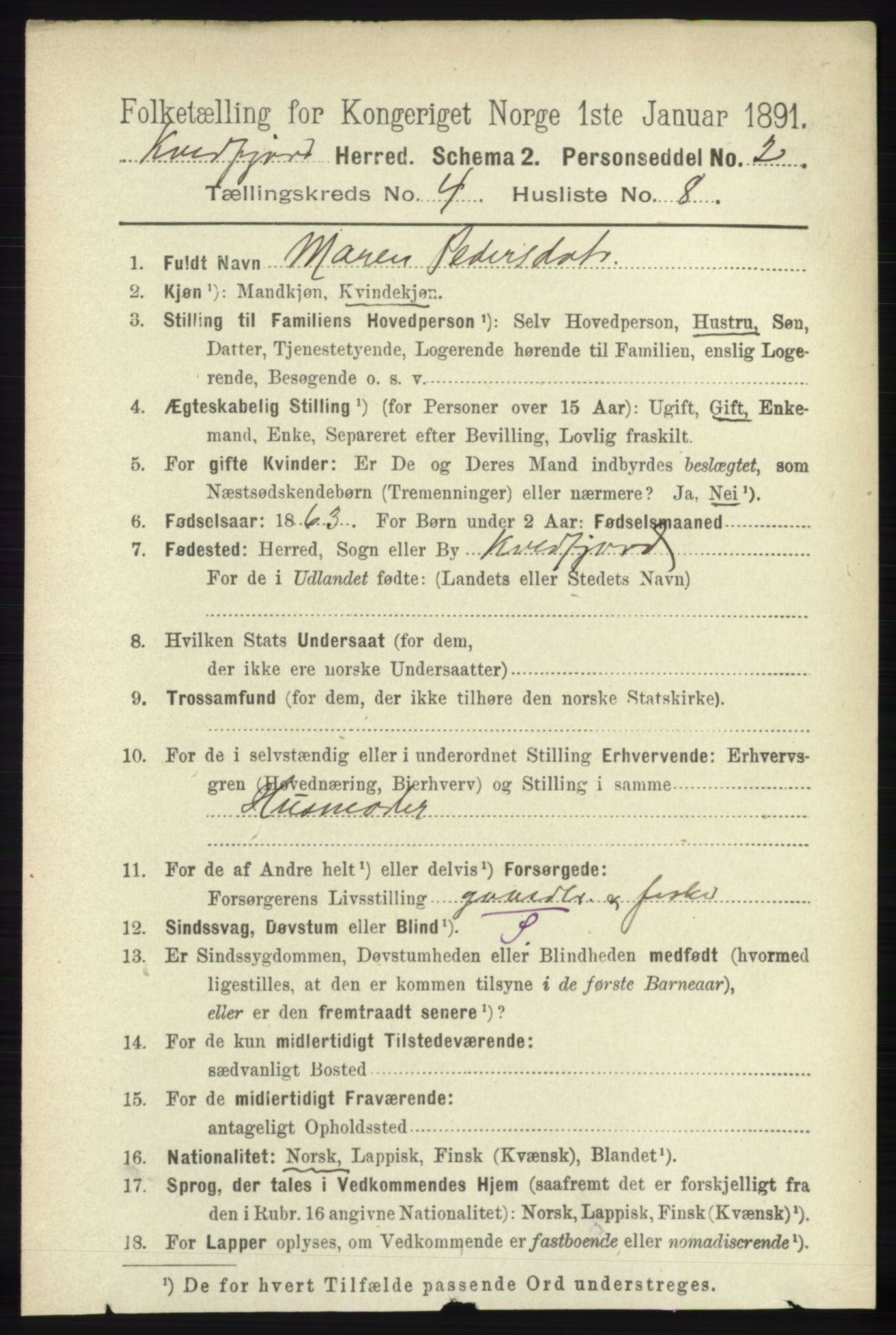 RA, 1891 census for 1911 Kvæfjord, 1891, p. 1933