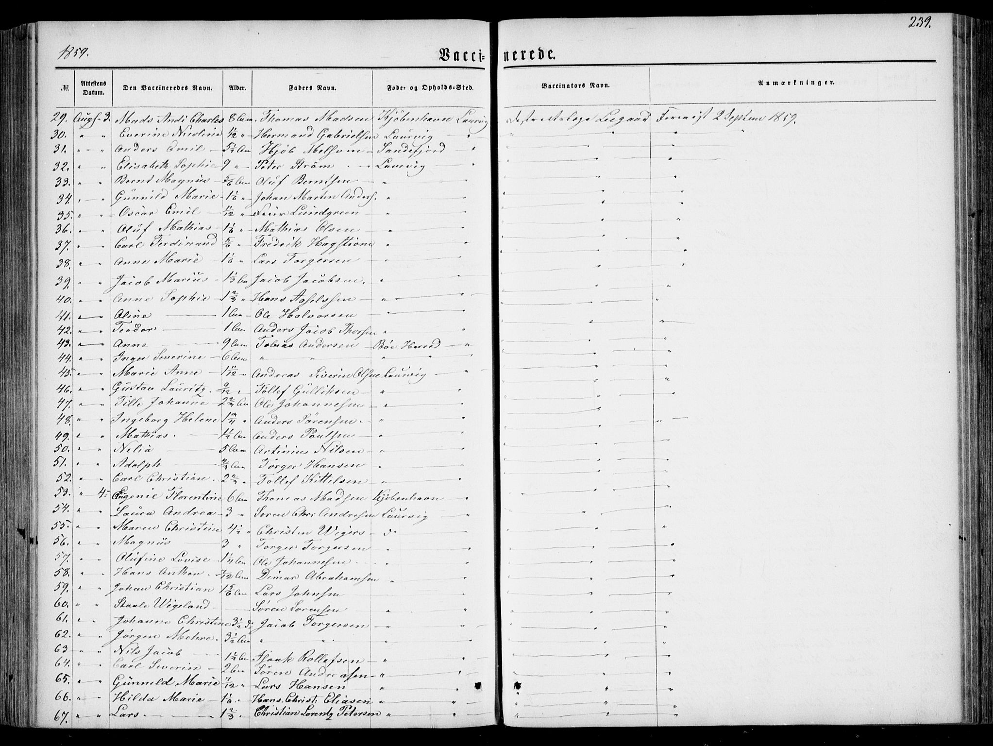 Larvik kirkebøker, AV/SAKO-A-352/F/Fa/L0005: Parish register (official) no. I 5, 1856-1870, p. 239