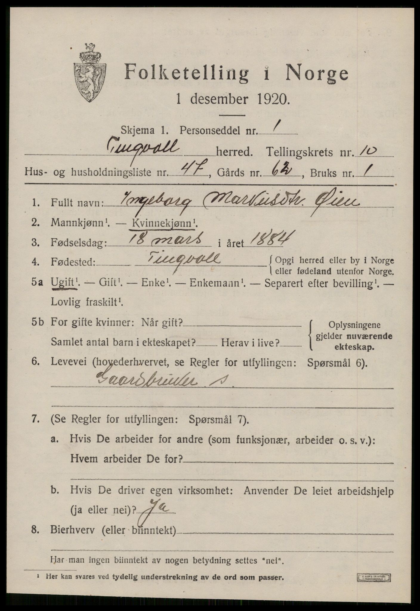 SAT, 1920 census for Tingvoll, 1920, p. 5720