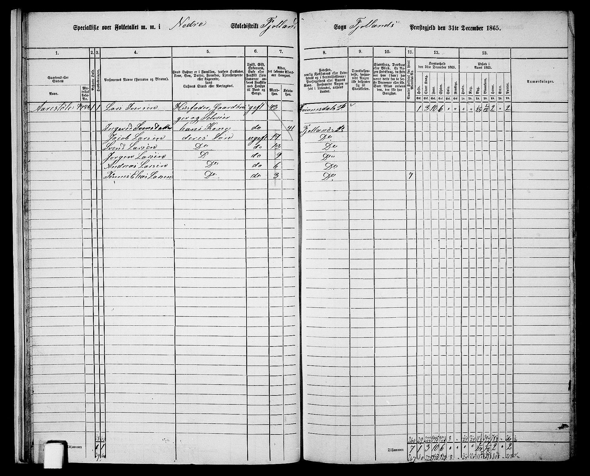 RA, 1865 census for Fjotland, 1865, p. 20