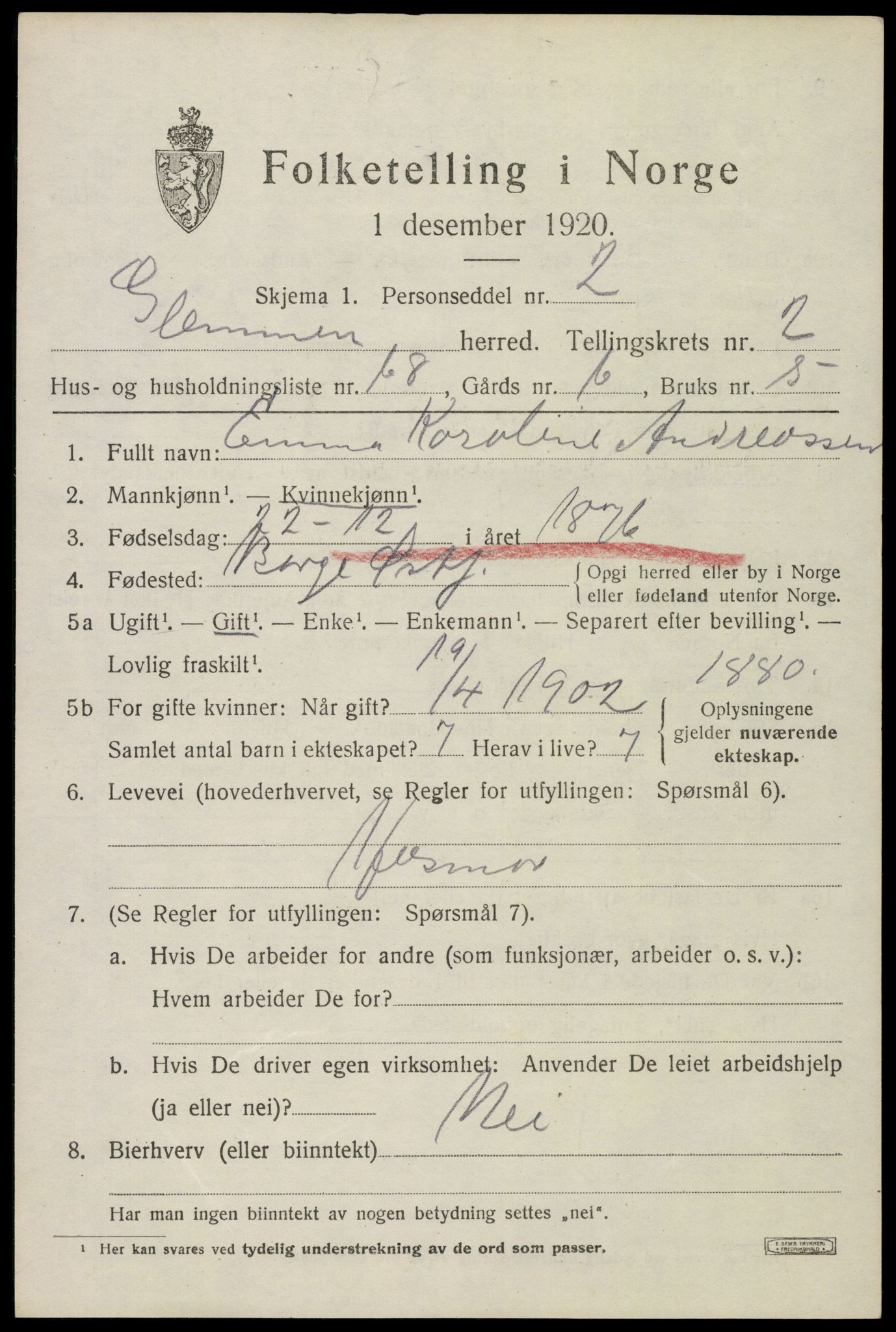 SAO, 1920 census for Glemmen, 1920, p. 5149