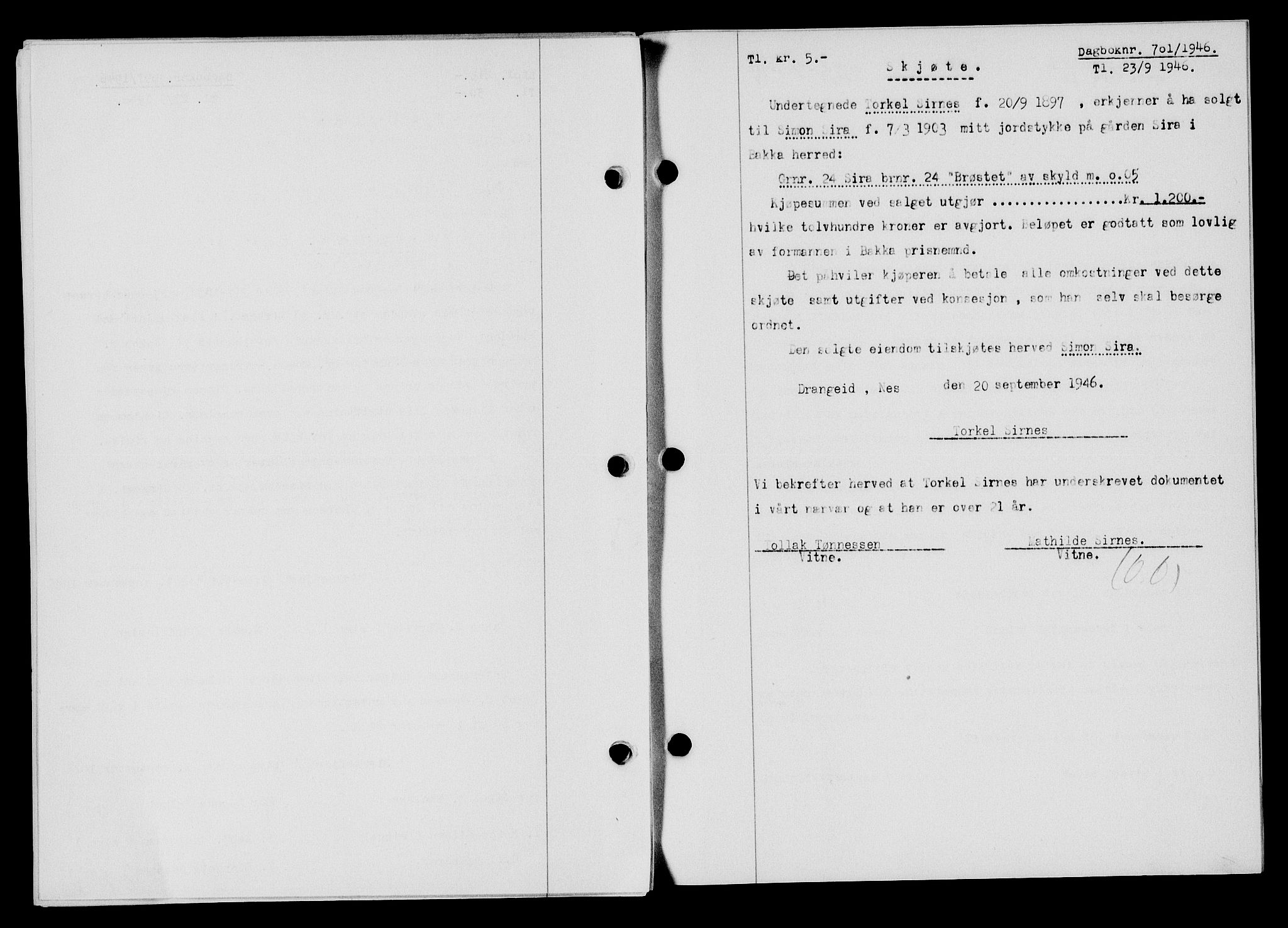 Flekkefjord sorenskriveri, AV/SAK-1221-0001/G/Gb/Gba/L0060: Mortgage book no. A-8, 1945-1946, Diary no: : 701/1946