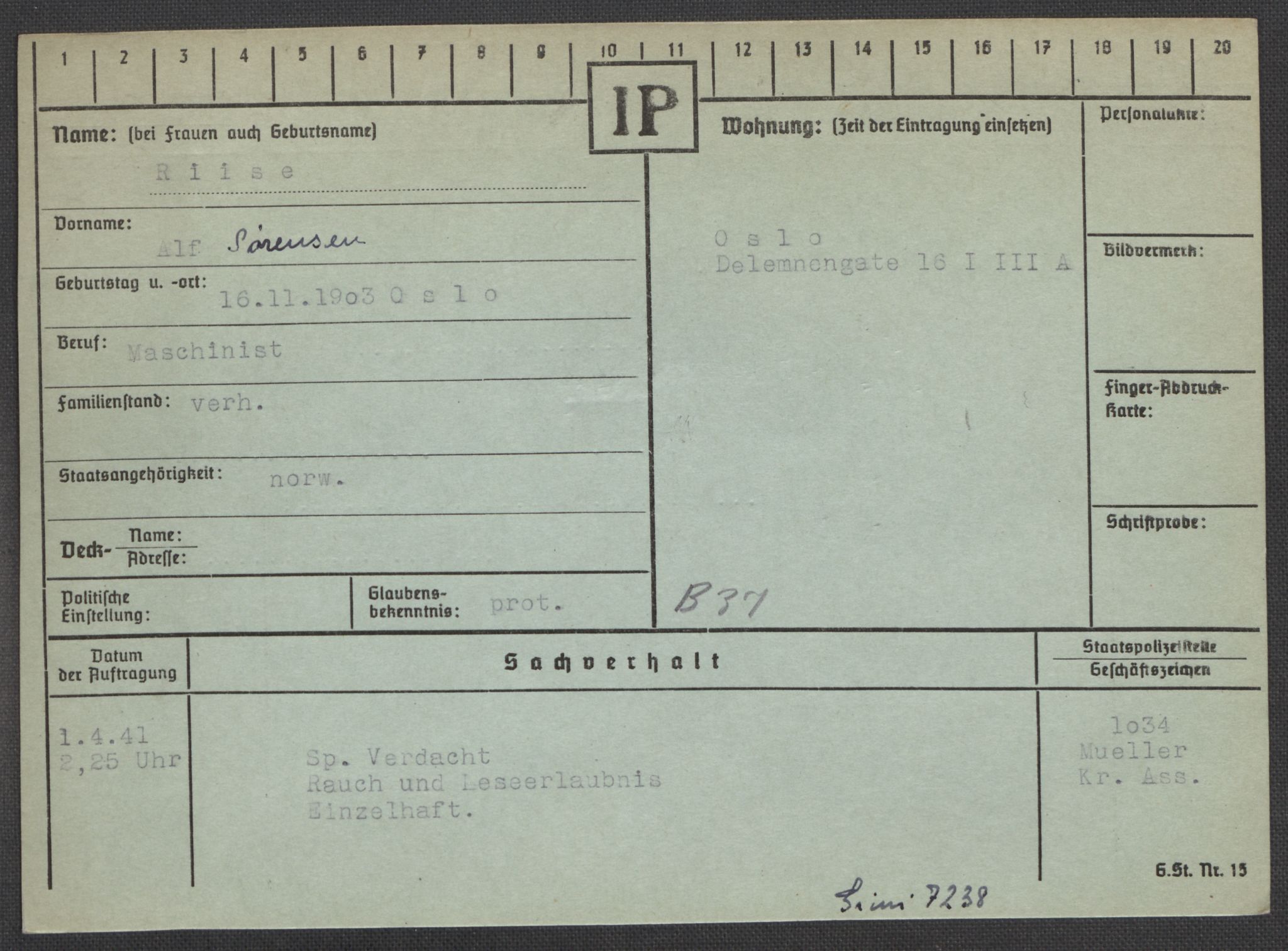 Befehlshaber der Sicherheitspolizei und des SD, AV/RA-RAFA-5969/E/Ea/Eaa/L0008: Register over norske fanger i Møllergata 19: Oelze-Ru, 1940-1945, p. 1174