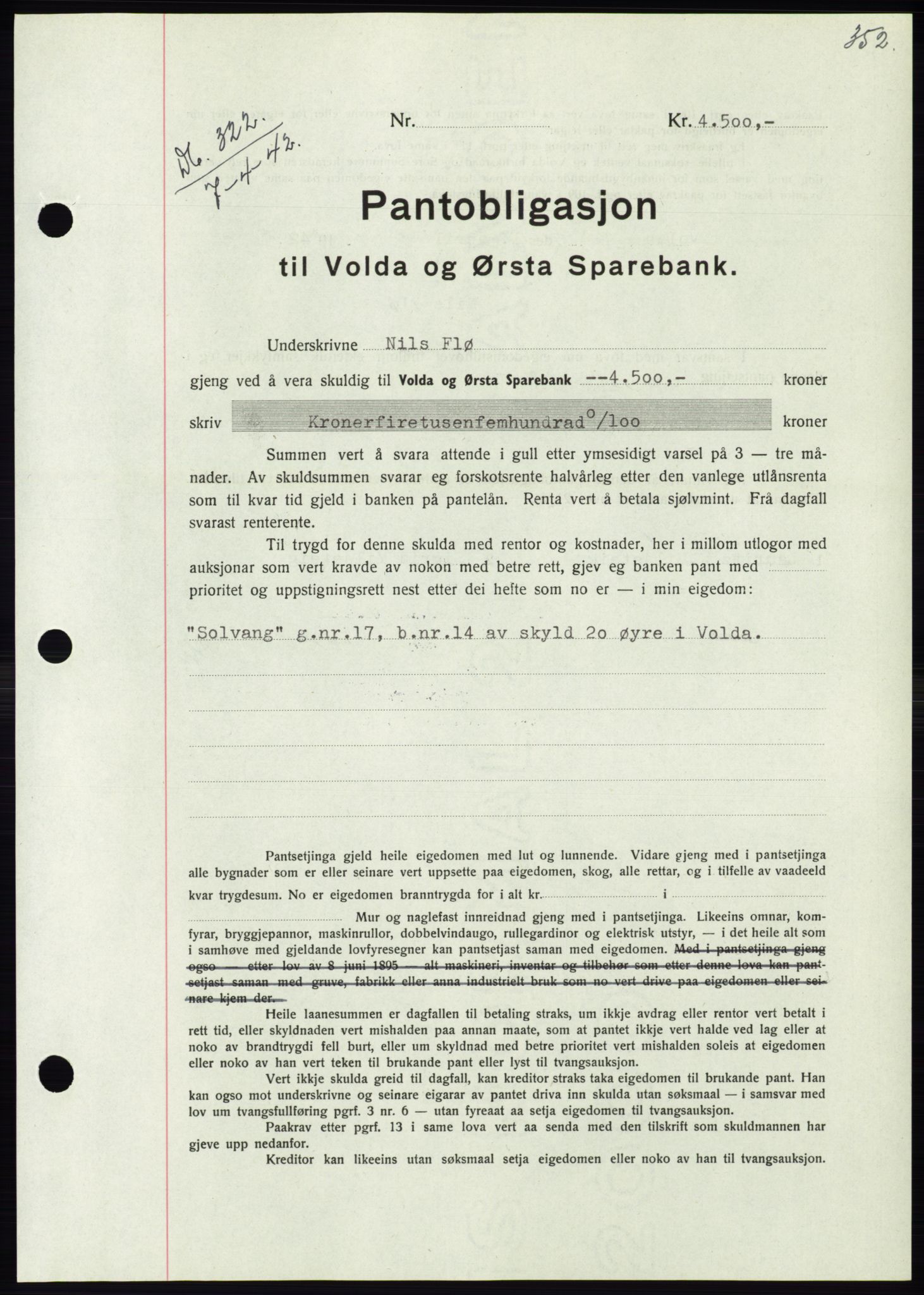 Søre Sunnmøre sorenskriveri, AV/SAT-A-4122/1/2/2C/L0073: Mortgage book no. 67, 1941-1942, Diary no: : 322/1942