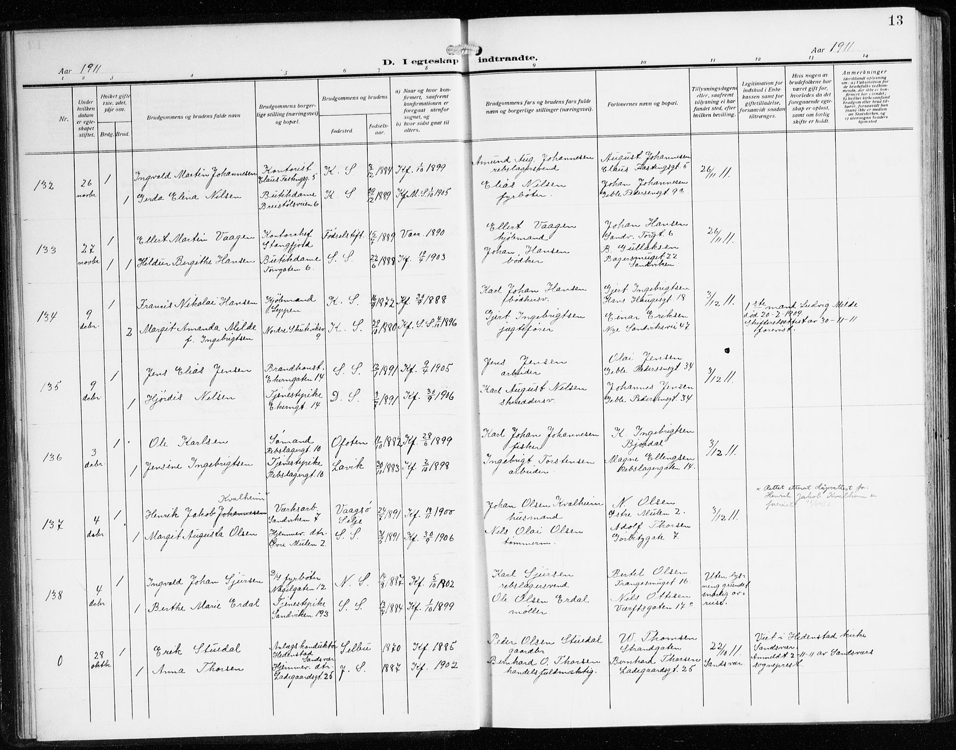 Sandviken Sokneprestembete, SAB/A-77601/H/Ha/L0015: Parish register (official) no. D 2, 1911-1923, p. 13