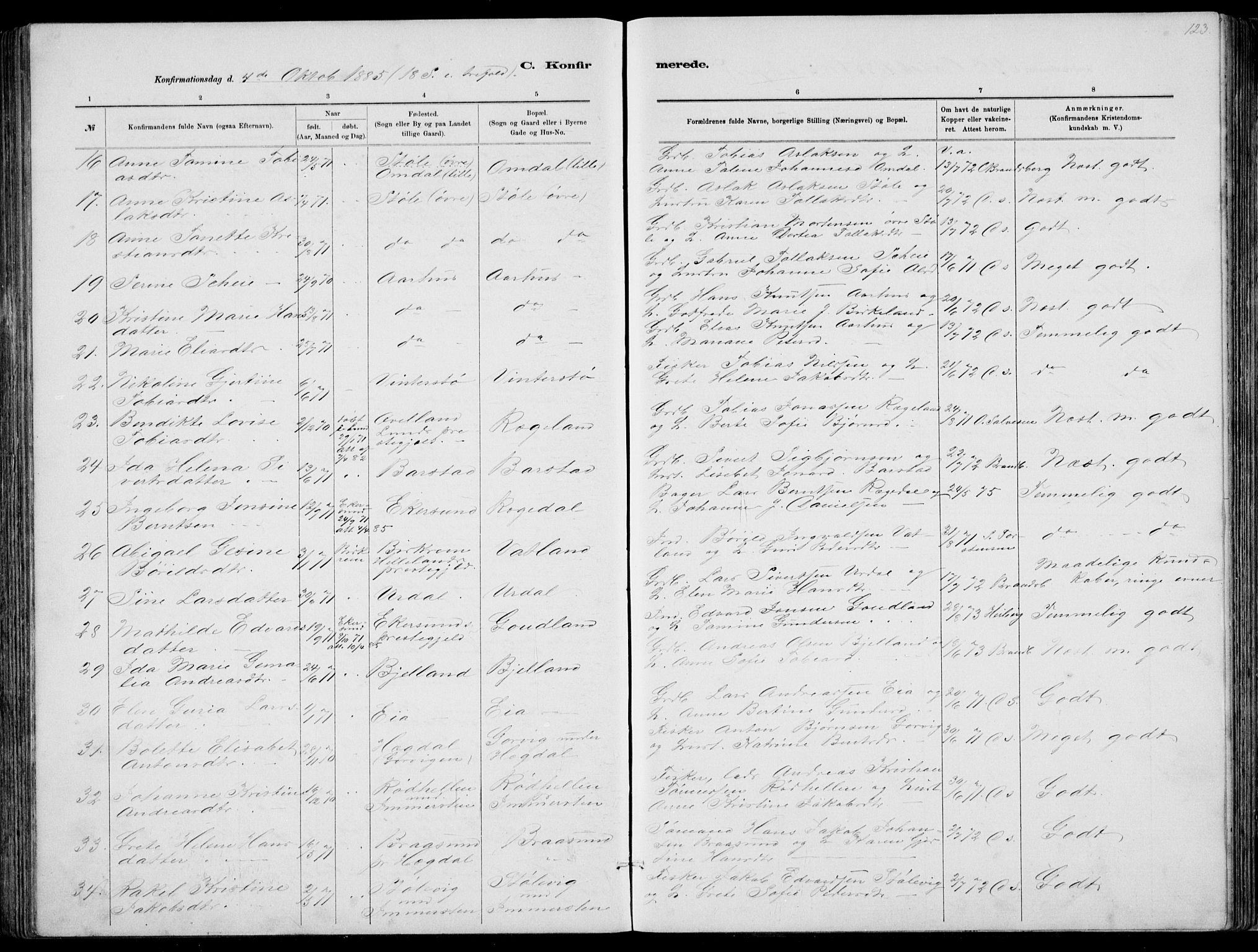 Sokndal sokneprestkontor, AV/SAST-A-101808: Parish register (copy) no. B 4, 1880-1891, p. 123