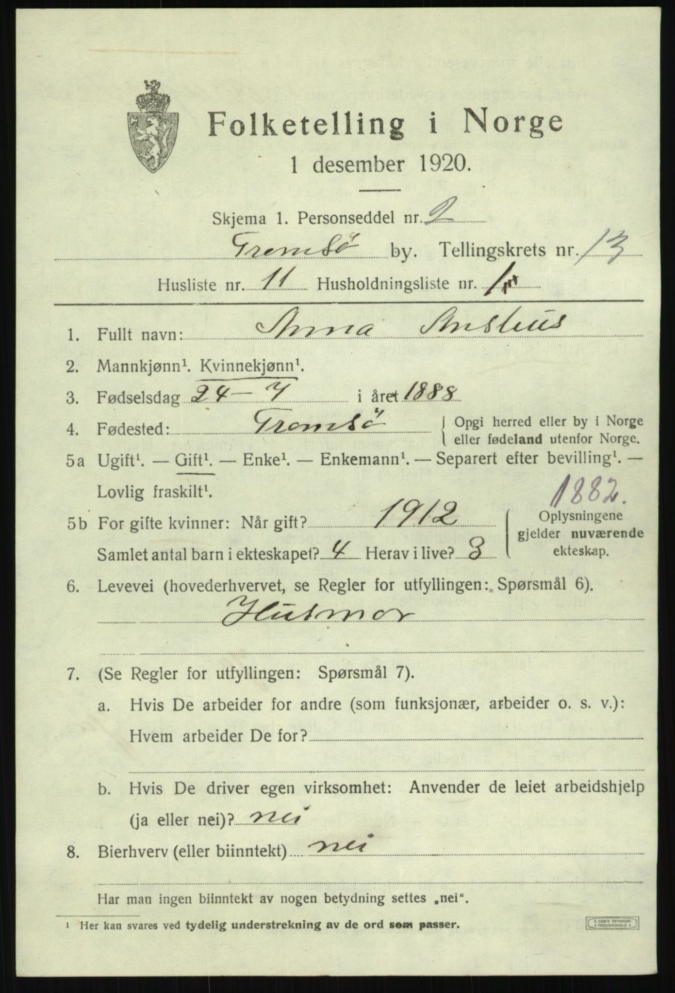 SATØ, 1920 census for Tromsø, 1920, p. 25149