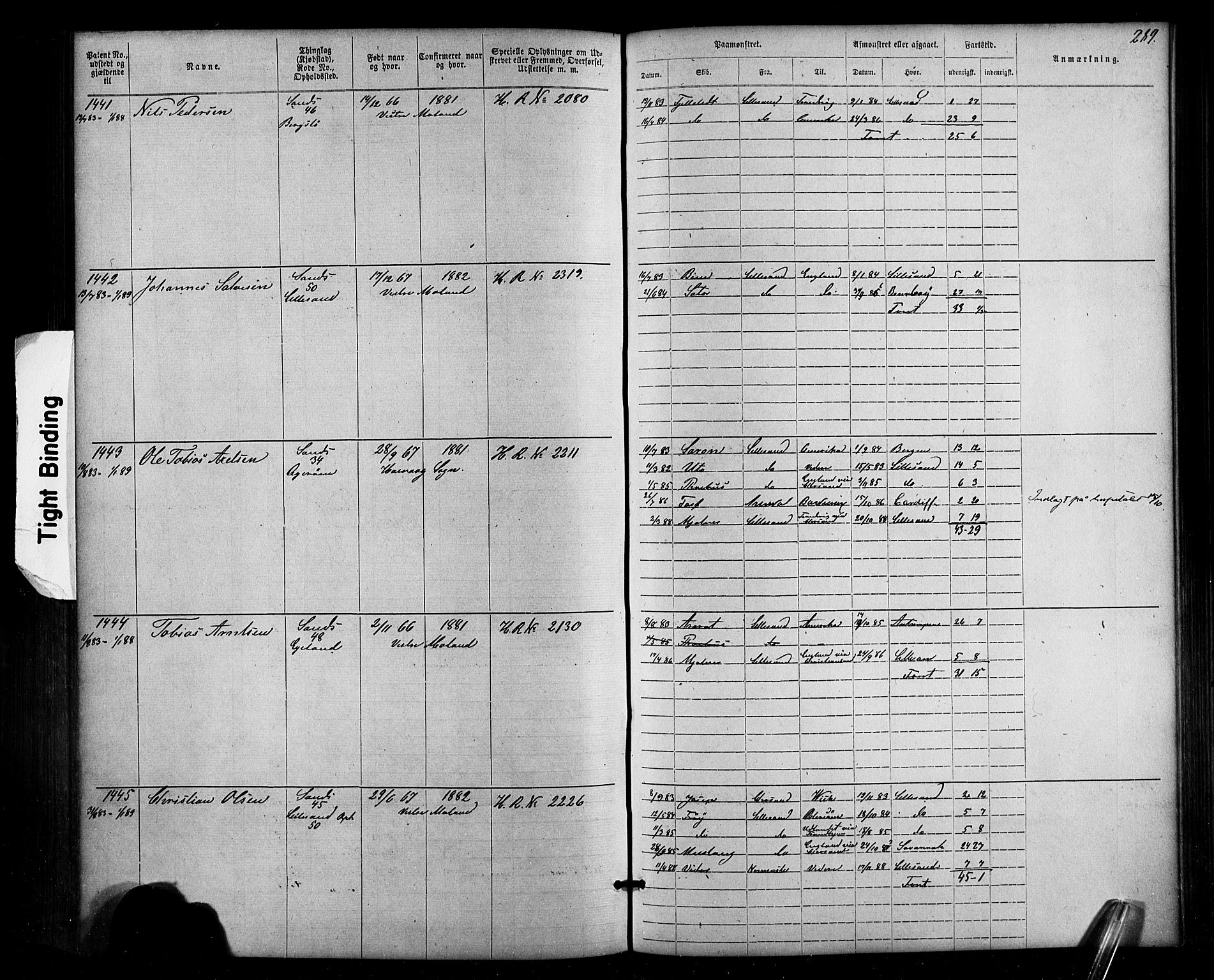 Lillesand mønstringskrets, SAK/2031-0014/F/Fa/L0002: Annotasjonsrulle nr 1-1910 med register, W-8, 1868-1891, p. 295