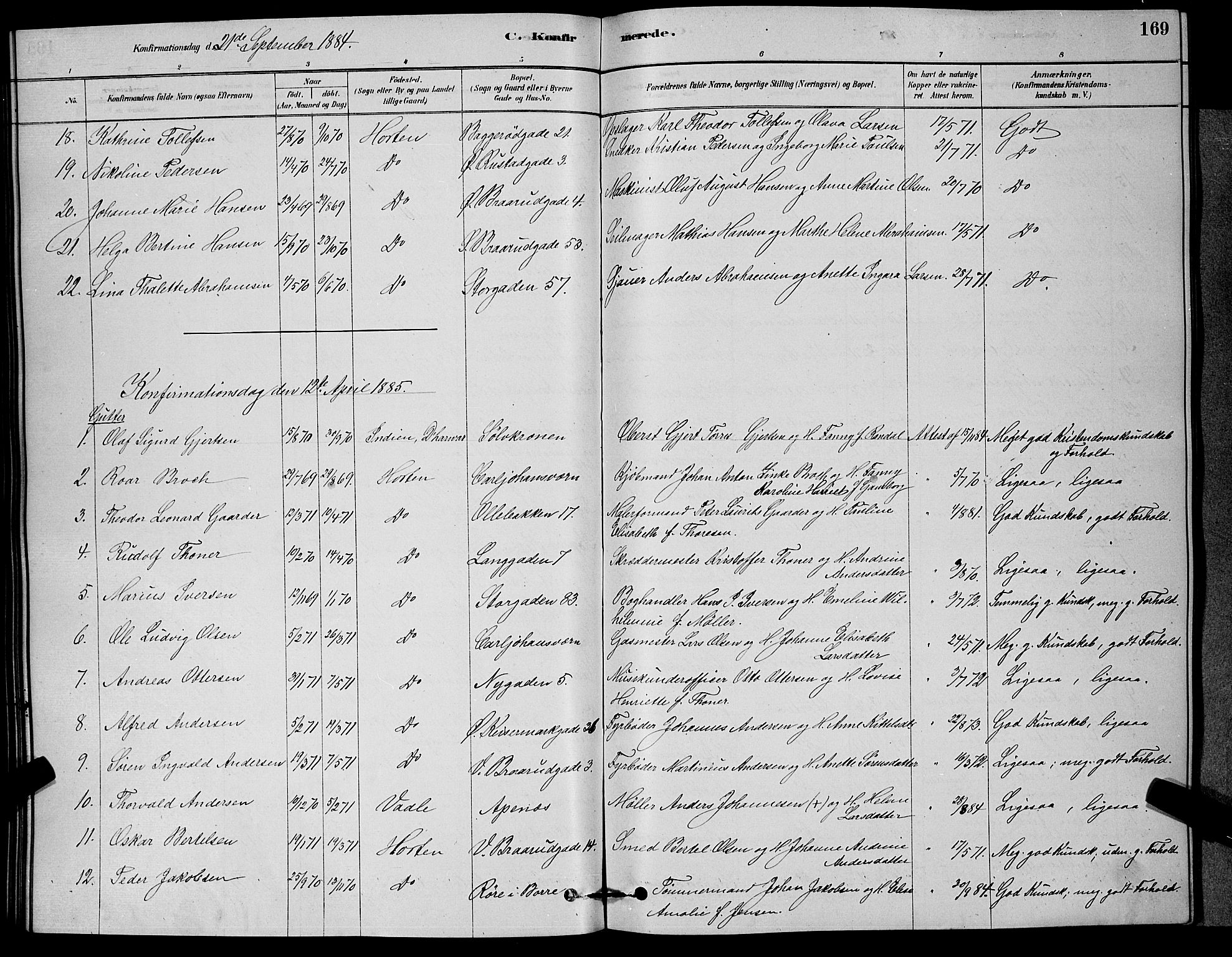 Horten kirkebøker, SAKO/A-348/G/Ga/L0003: Parish register (copy) no. 4, 1878-1887, p. 169