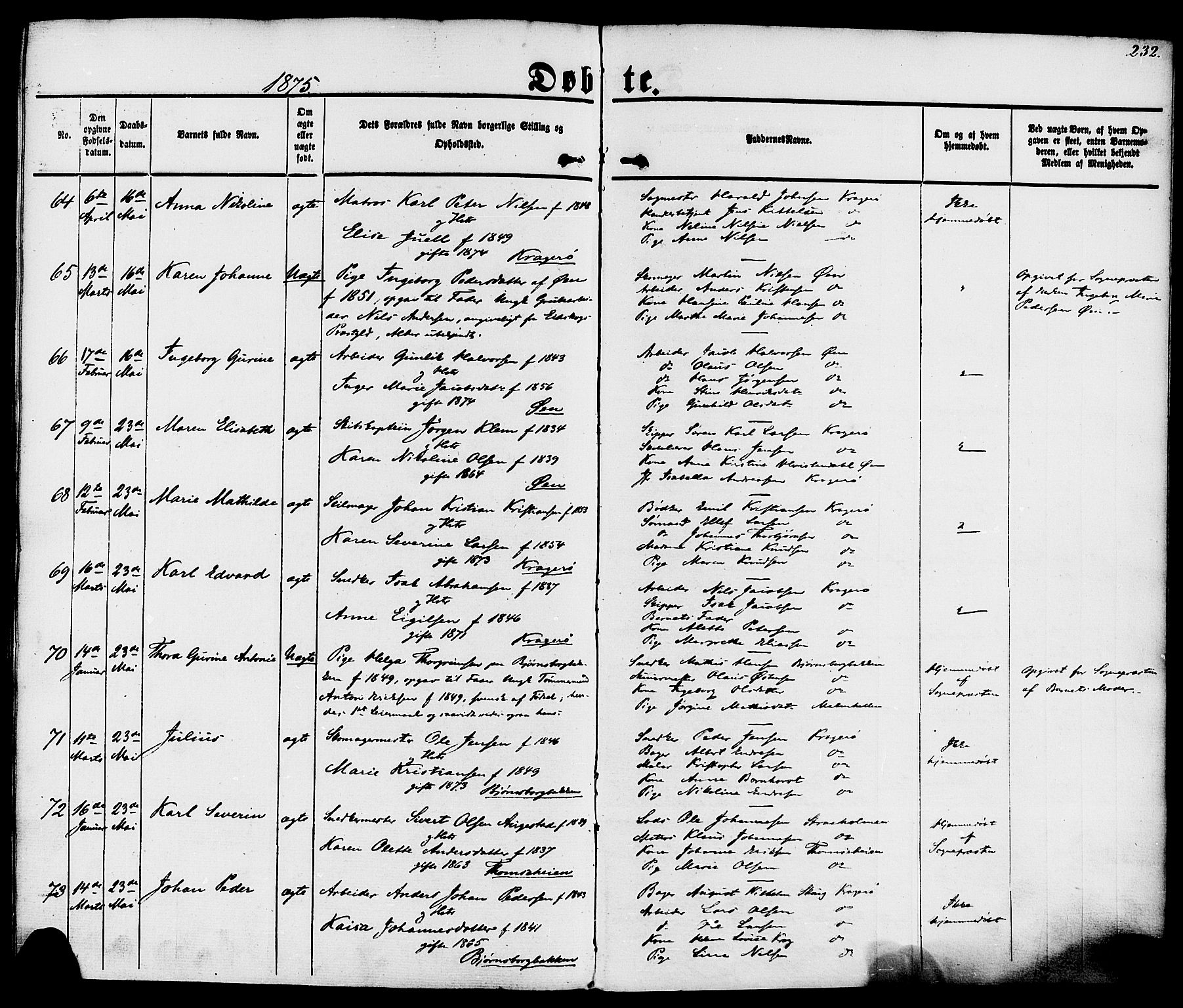 Kragerø kirkebøker, SAKO/A-278/F/Fa/L0007: Parish register (official) no. 7, 1861-1875, p. 232