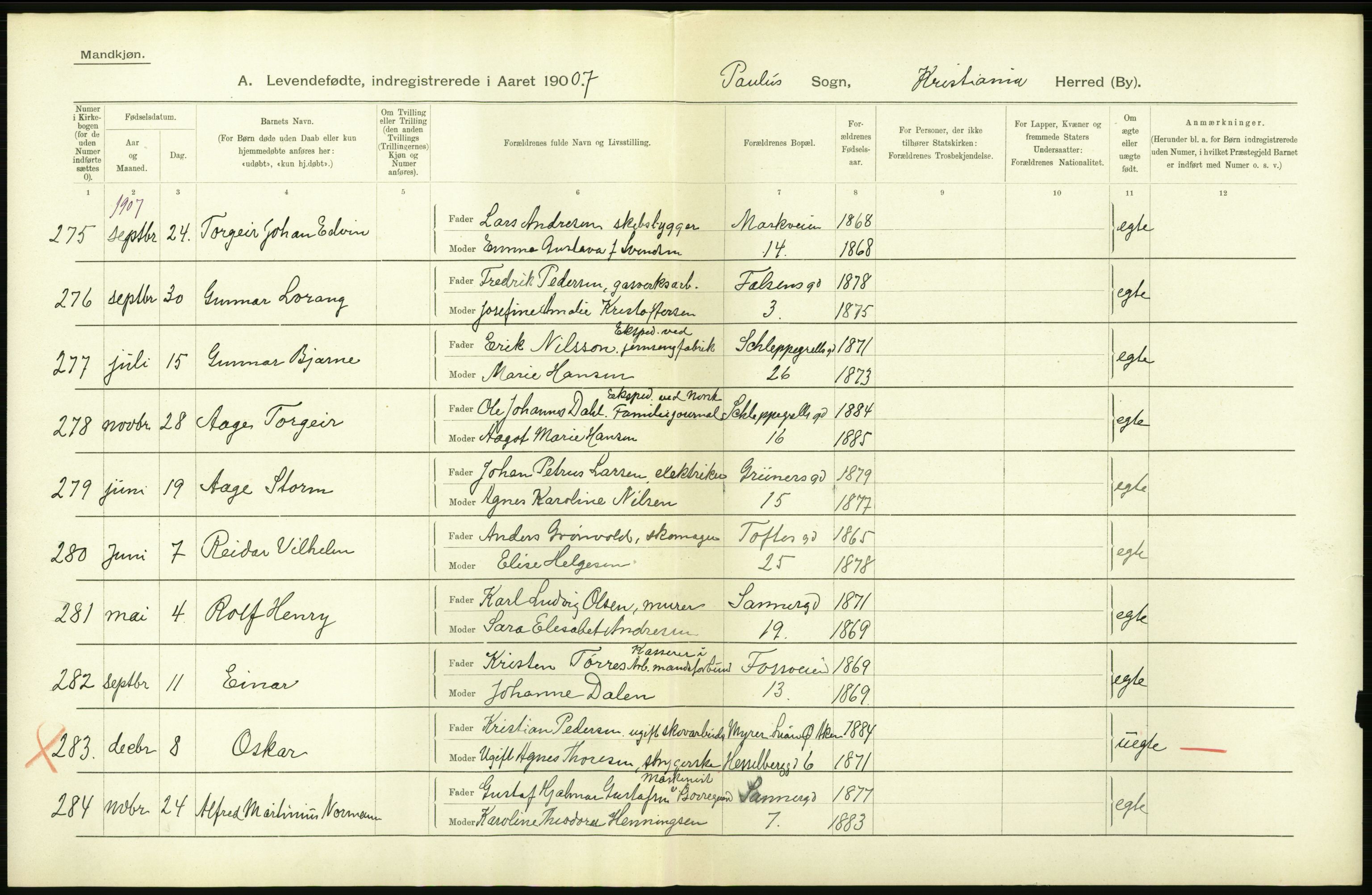 Statistisk sentralbyrå, Sosiodemografiske emner, Befolkning, AV/RA-S-2228/D/Df/Dfa/Dfae/L0006: Kristiania: Levendefødte menn og kvinner., 1907, p. 442