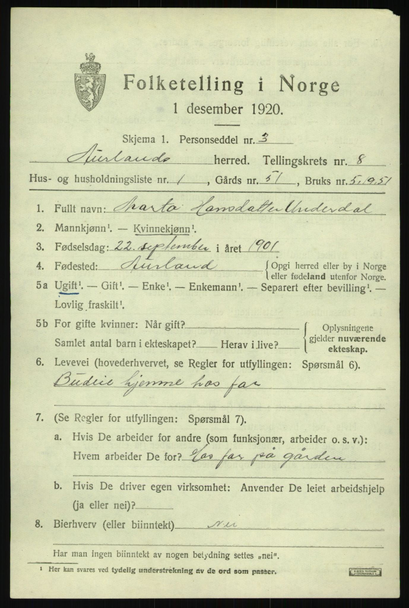 SAB, 1920 census for Aurland, 1920, p. 4292