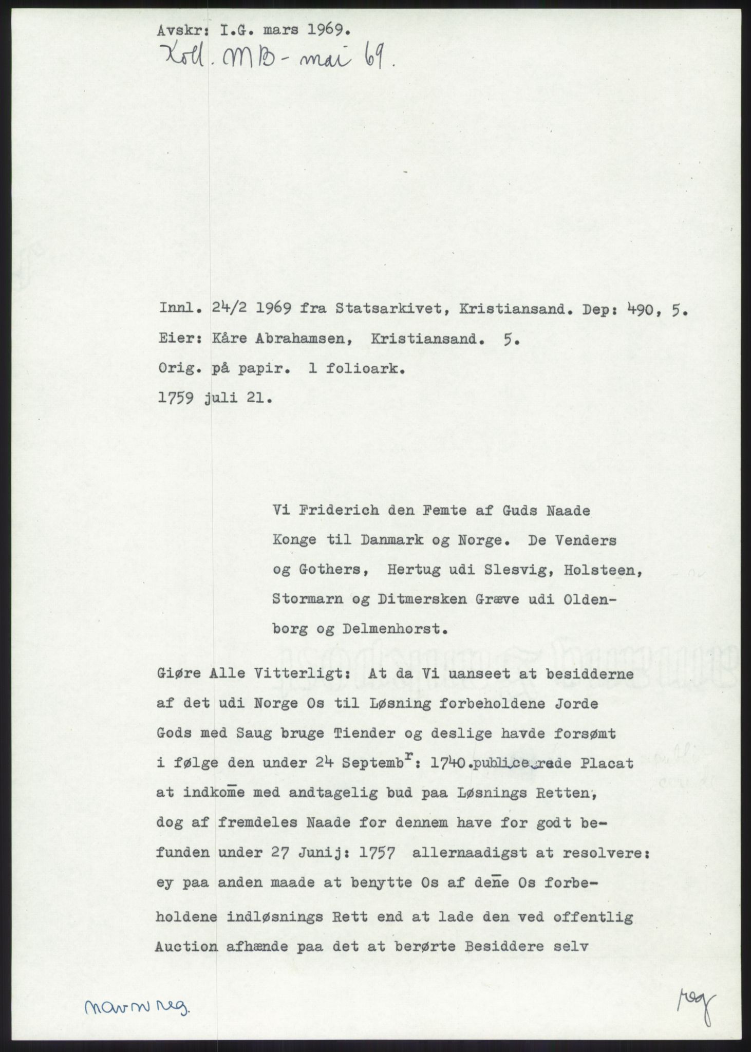 Samlinger til kildeutgivelse, Diplomavskriftsamlingen, AV/RA-EA-4053/H/Ha, p. 497