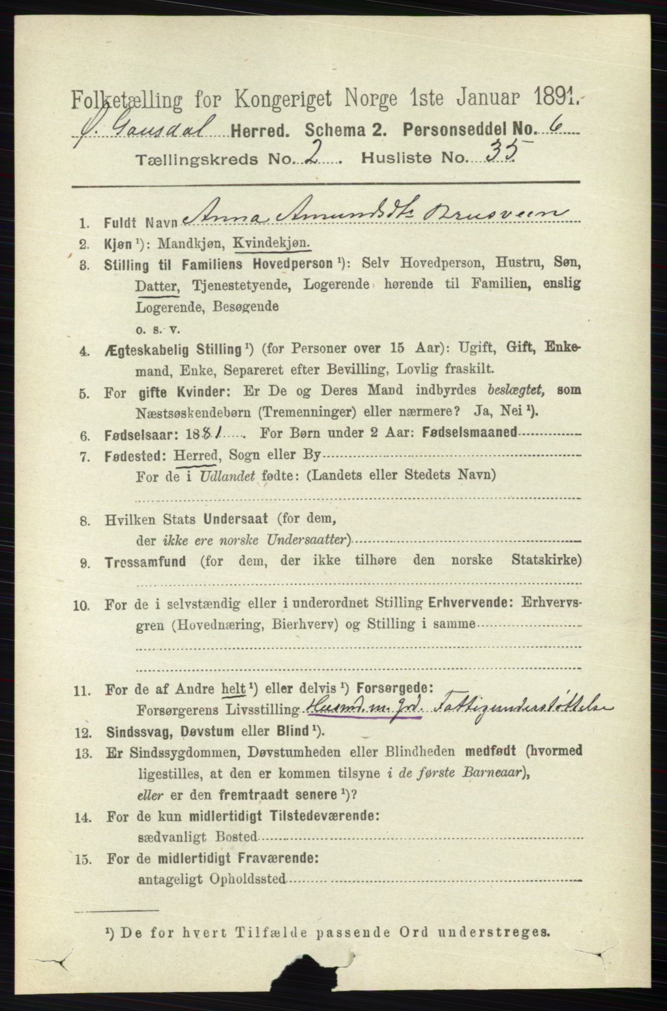 RA, 1891 census for 0522 Østre Gausdal, 1891, p. 1436