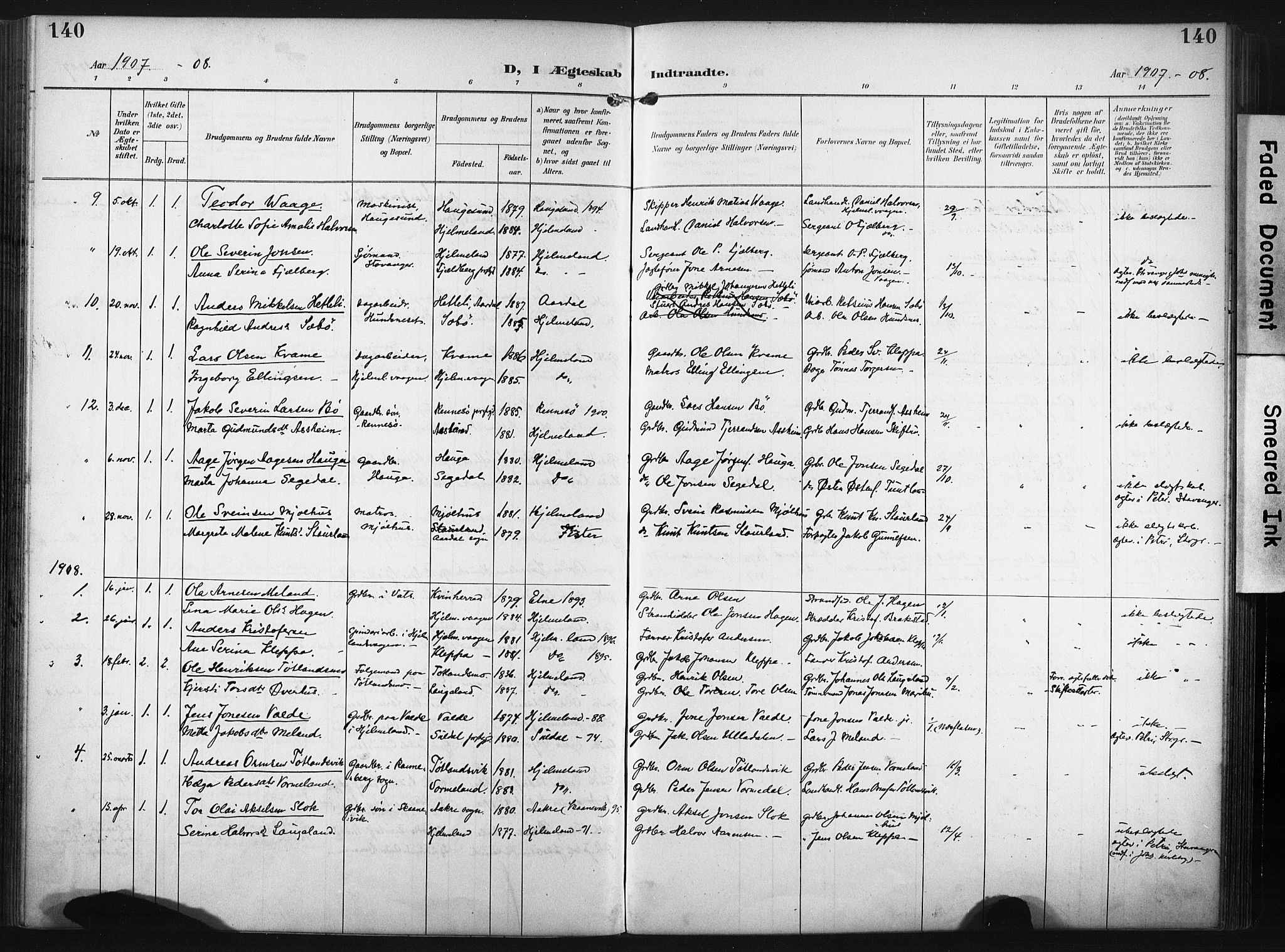Hjelmeland sokneprestkontor, SAST/A-101843/02/A/L0002: Parish register (official) no. A 17, 1901-1916, p. 140