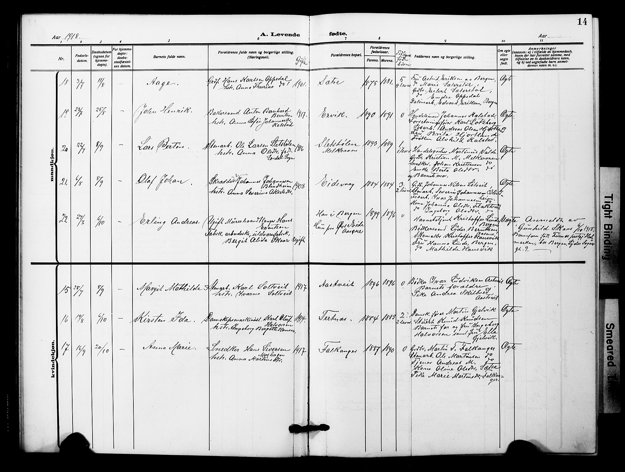 Åsane sokneprestembete, AV/SAB-A-79401/H/Hab: Parish register (copy) no. A 4, 1915-1927, p. 14