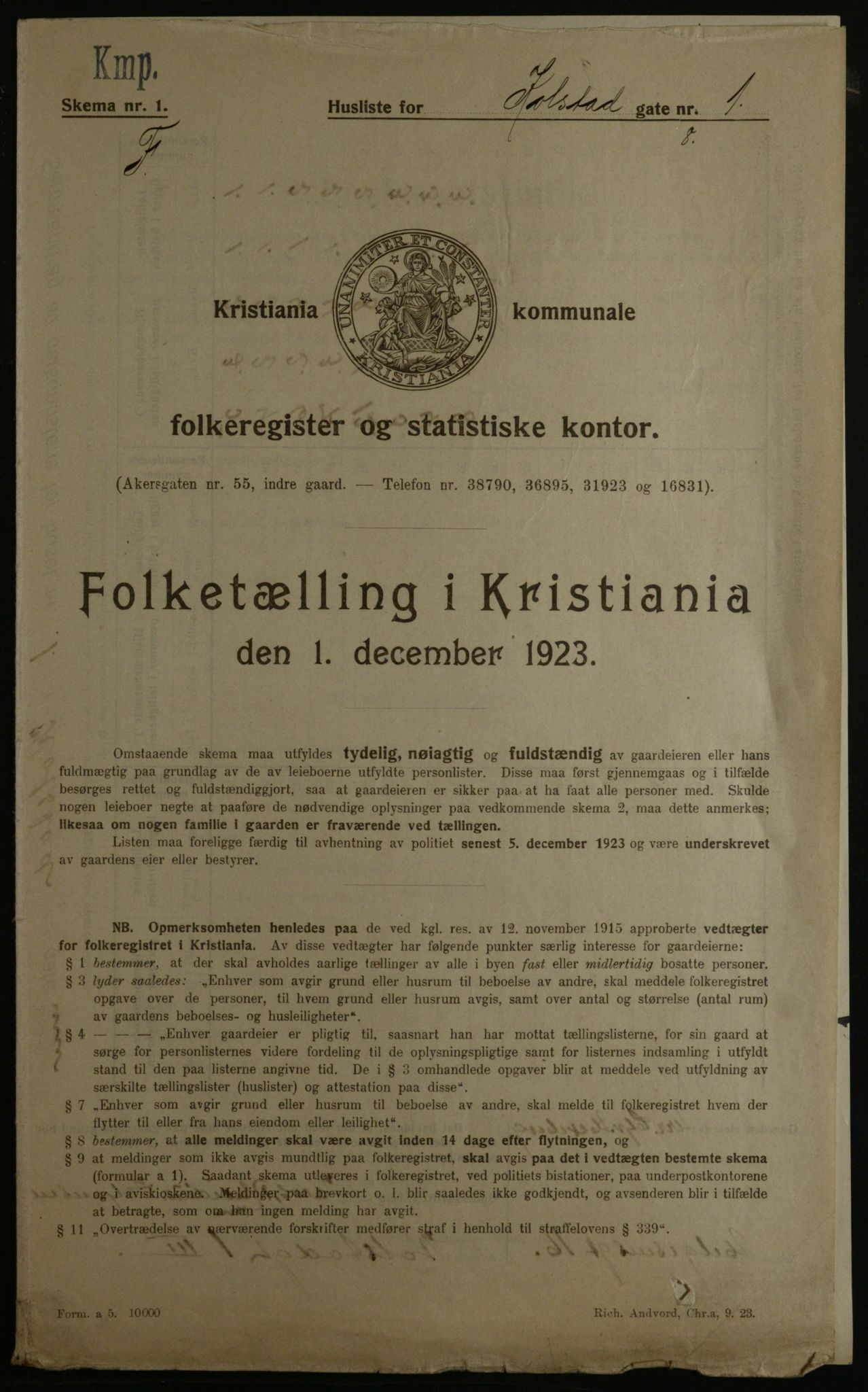 OBA, Municipal Census 1923 for Kristiania, 1923, p. 58520