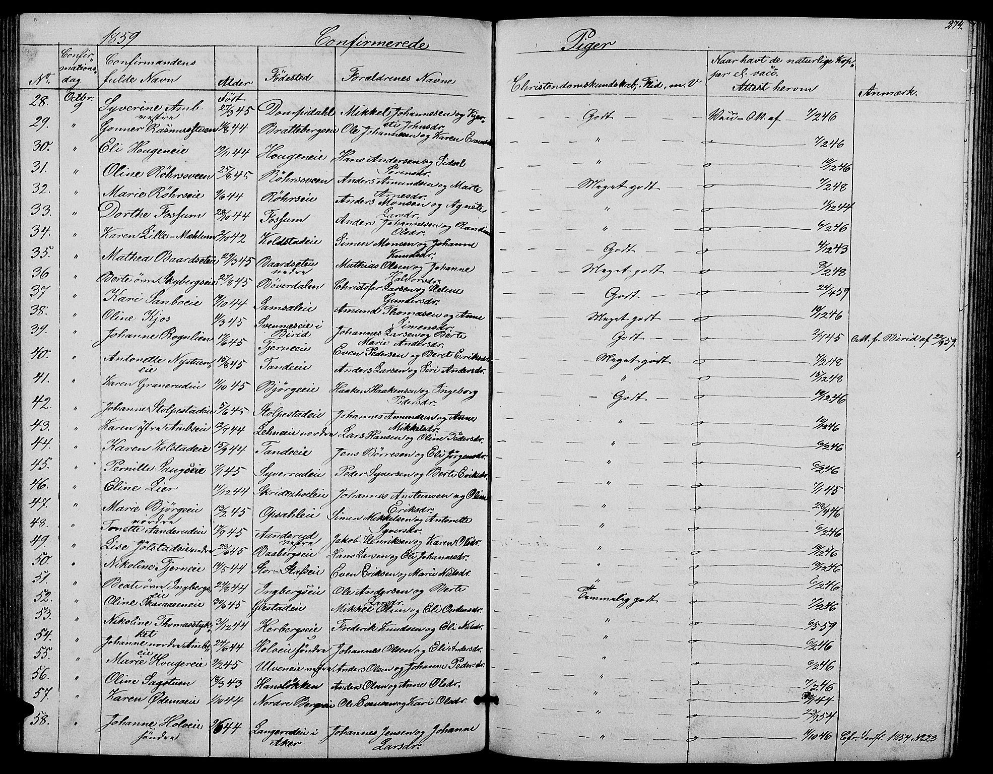 Ringsaker prestekontor, AV/SAH-PREST-014/L/La/L0006: Parish register (copy) no. 6, 1851-1860, p. 274