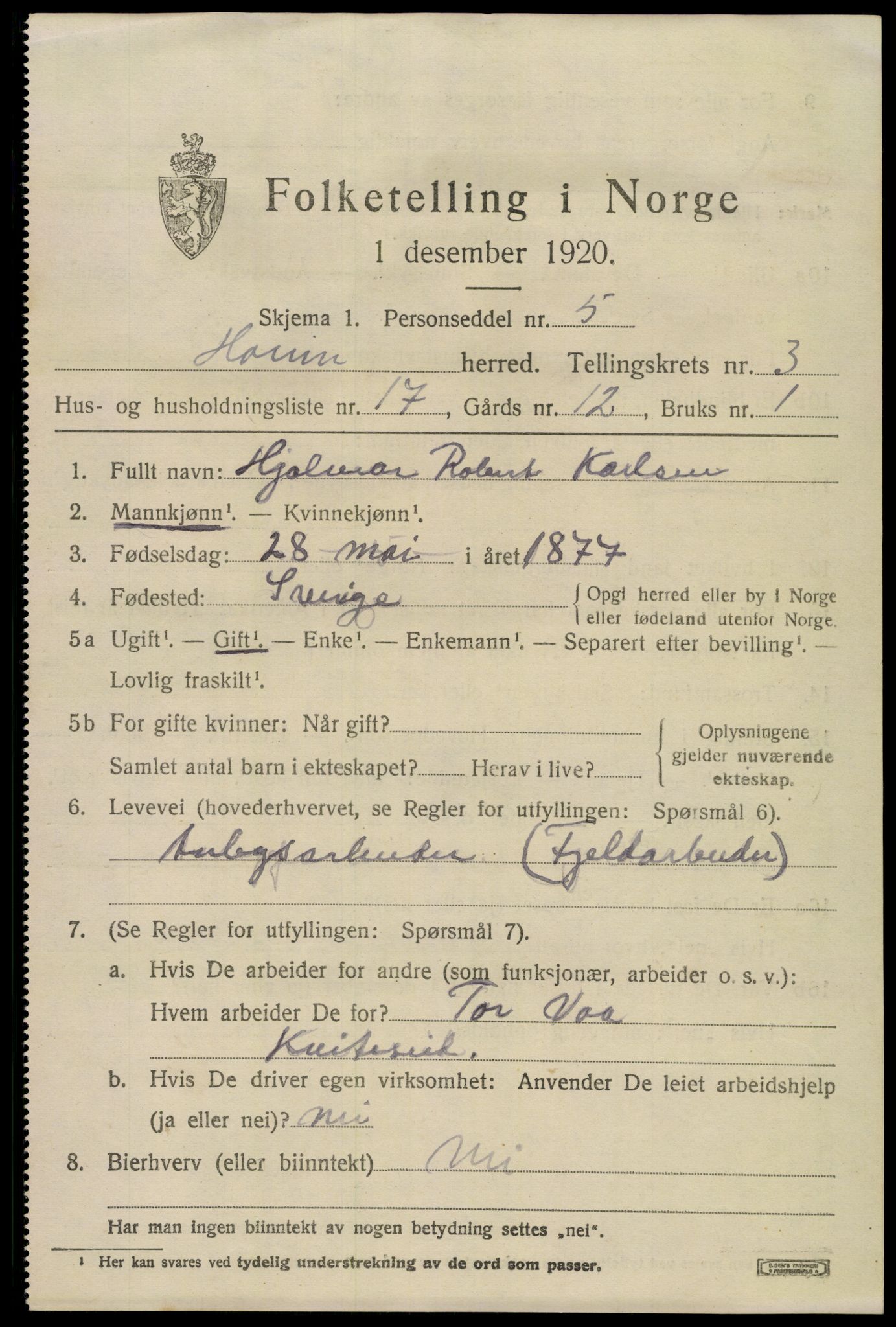 SAKO, 1920 census for Hovin, 1920, p. 1153