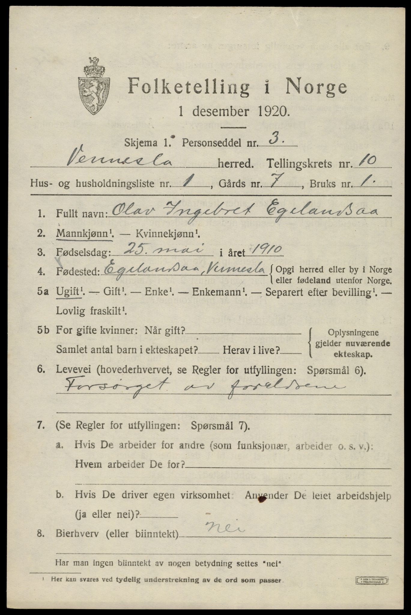 SAK, 1920 census for Vennesla, 1920, p. 6724