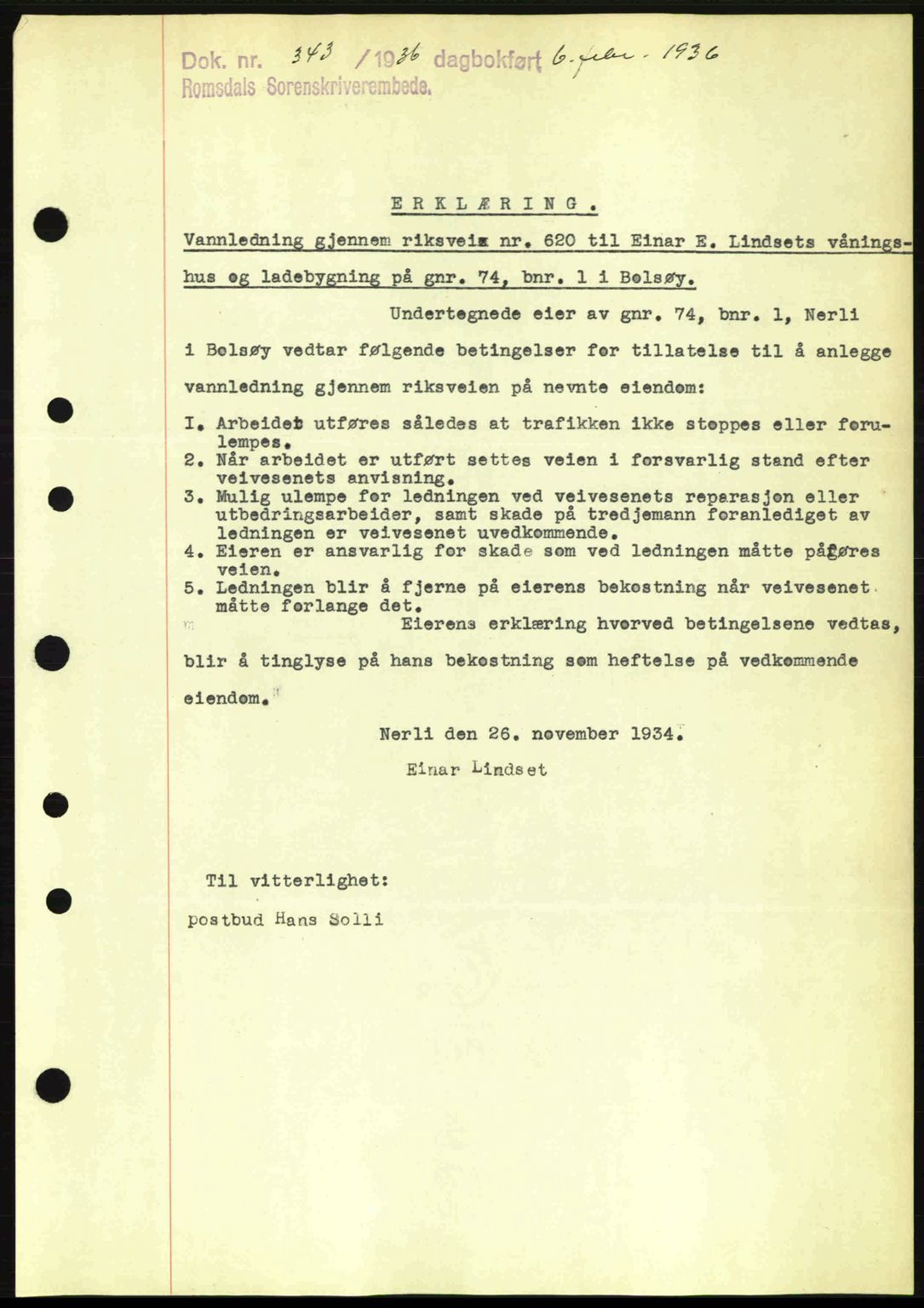 Romsdal sorenskriveri, AV/SAT-A-4149/1/2/2C: Mortgage book no. A1, 1936-1936, Diary no: : 343/1936