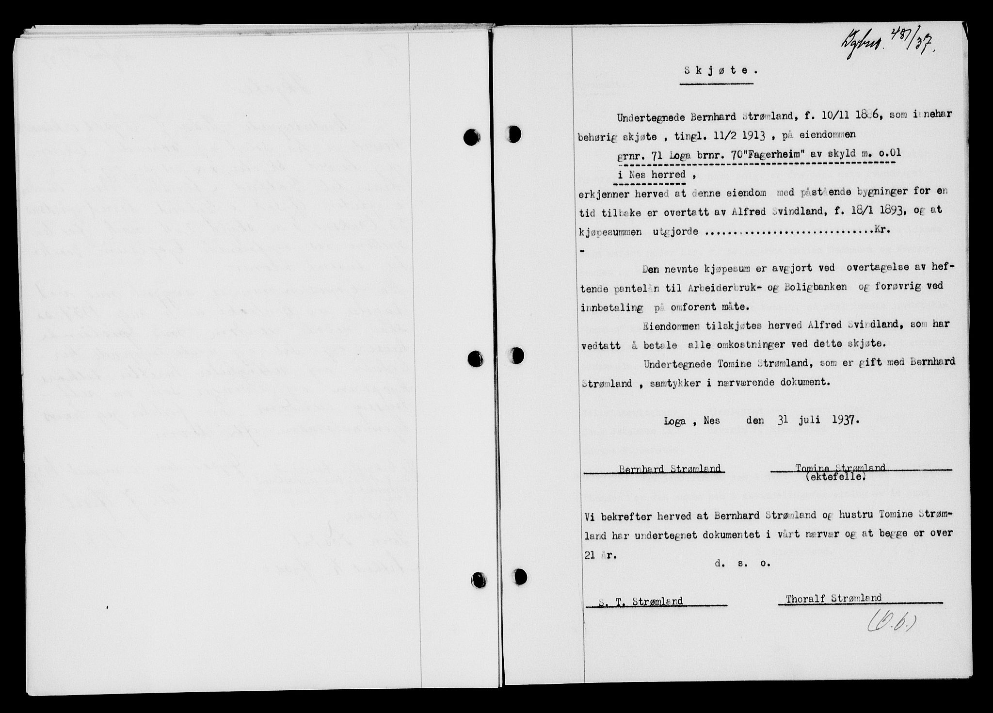 Flekkefjord sorenskriveri, SAK/1221-0001/G/Gb/Gba/L0053: Mortgage book no. A-1, 1936-1937, Diary no: : 481/1937