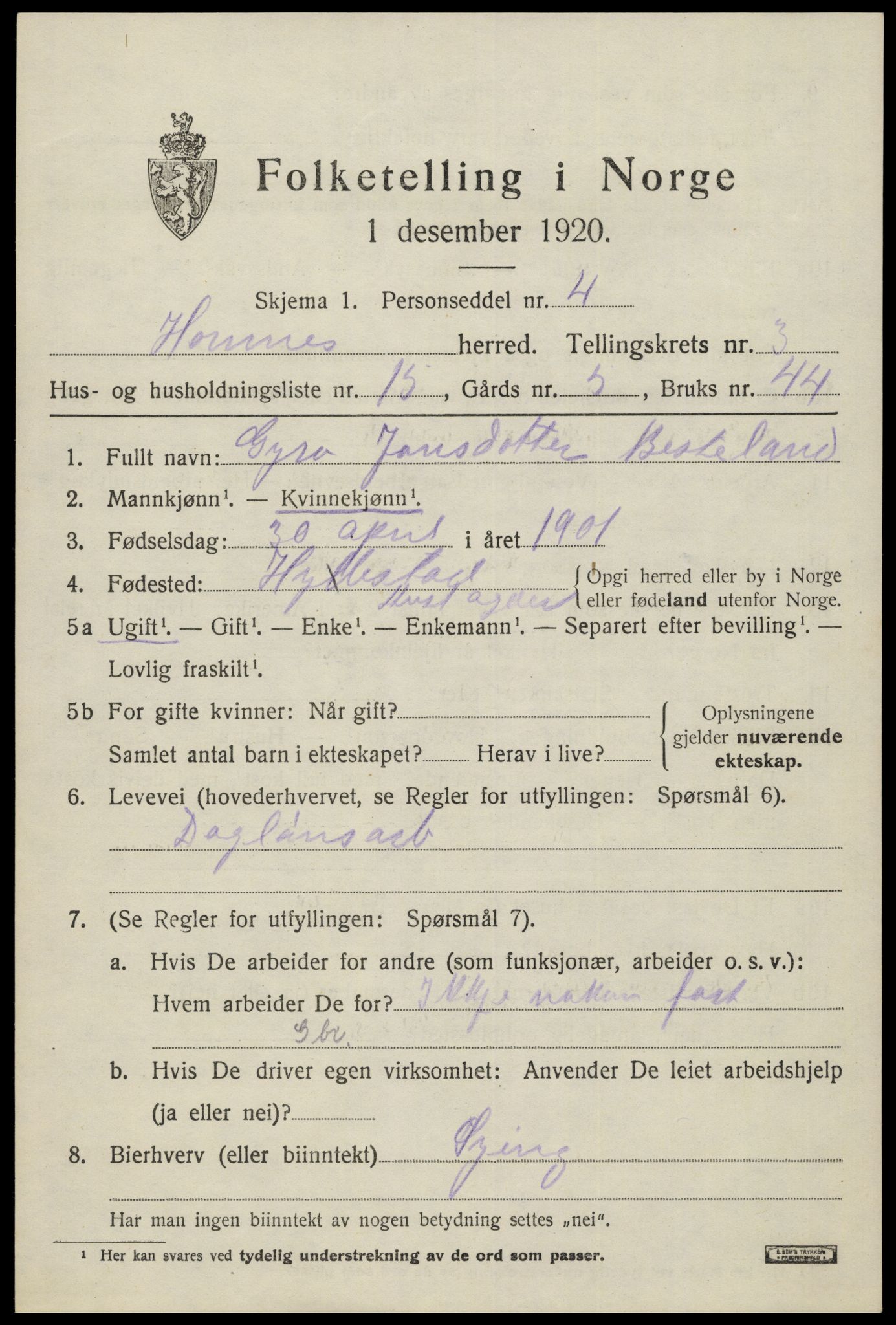 SAK, 1920 census for Hornnes, 1920, p. 985
