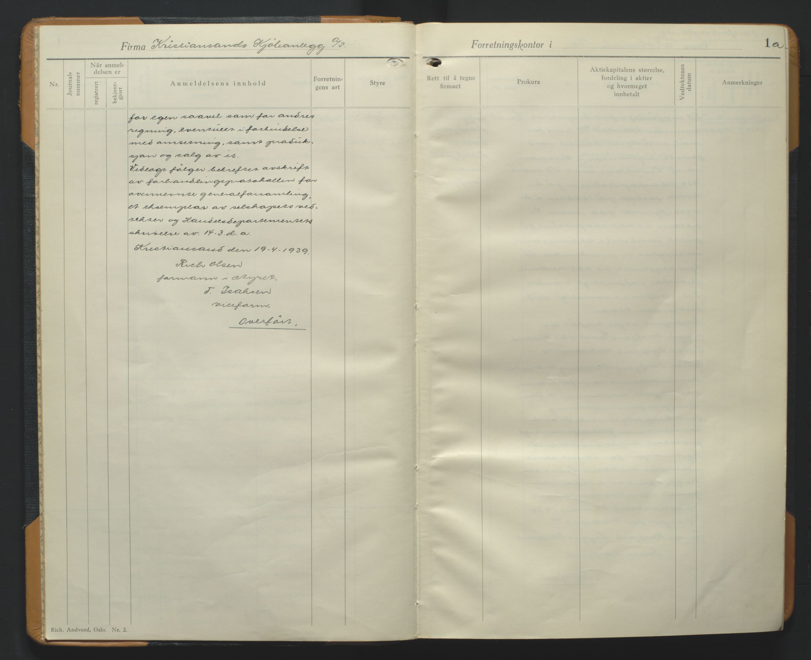 Kristiansand byrett, AV/SAK-1223-0001/K/Kb/L0013: Handelsregister B VI, 1939-1943, p. 1a