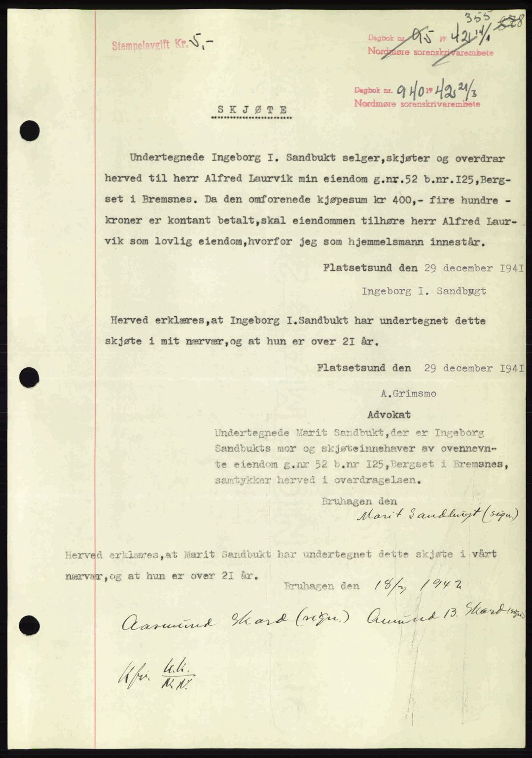 Nordmøre sorenskriveri, AV/SAT-A-4132/1/2/2Ca: Mortgage book no. A92, 1942-1942, Diary no: : 940/1942