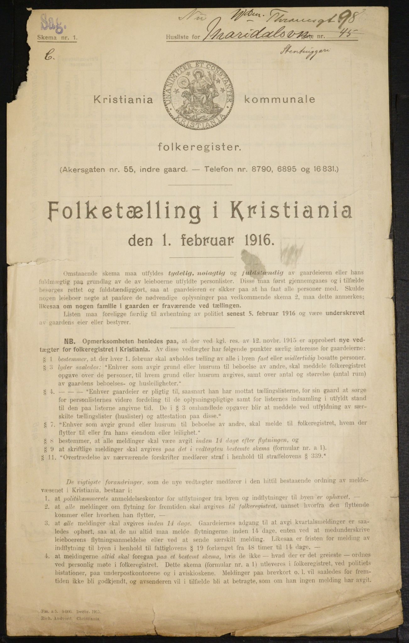 OBA, Municipal Census 1916 for Kristiania, 1916, p. 131000