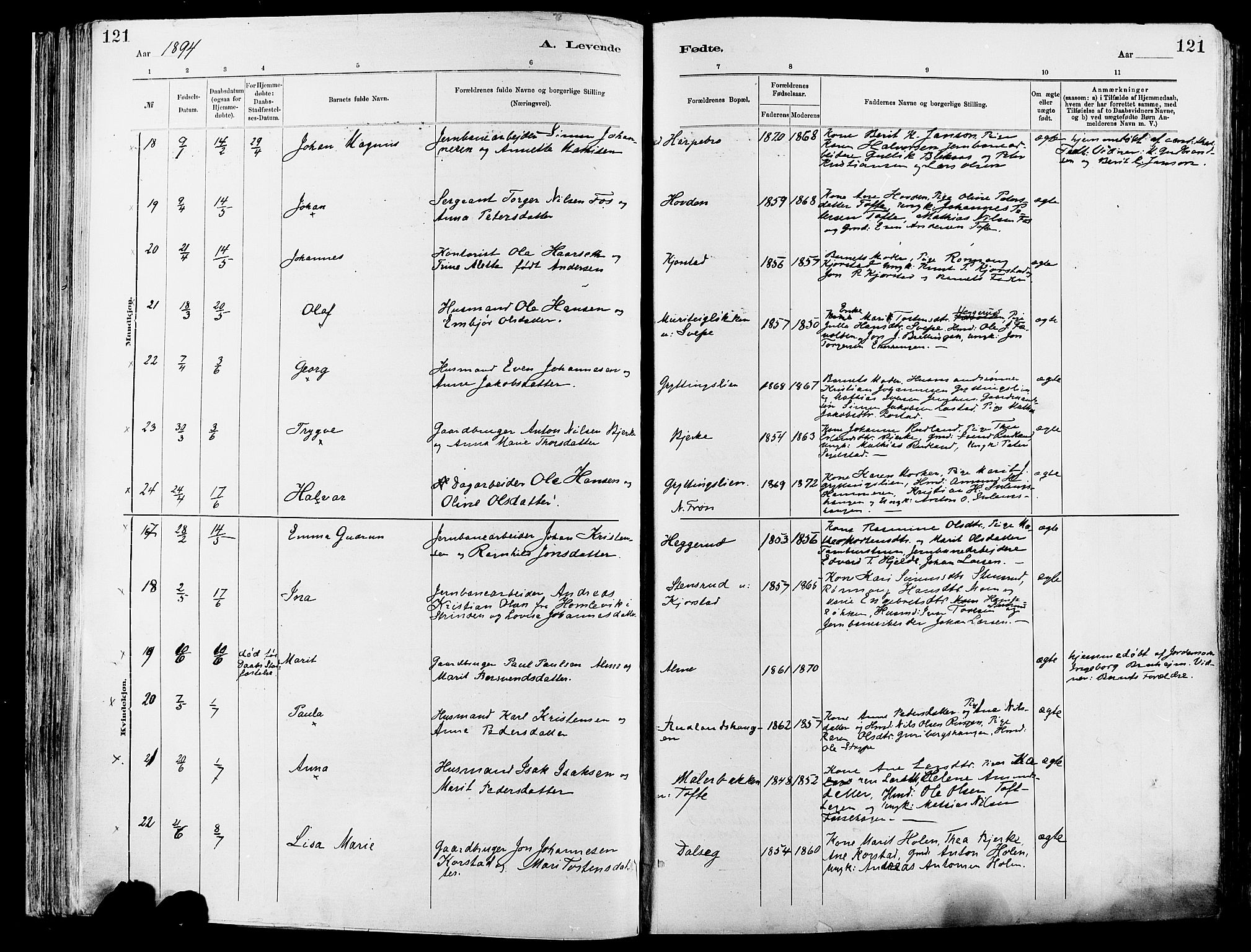 Sør-Fron prestekontor, AV/SAH-PREST-010/H/Ha/Haa/L0003: Parish register (official) no. 3, 1881-1897, p. 121