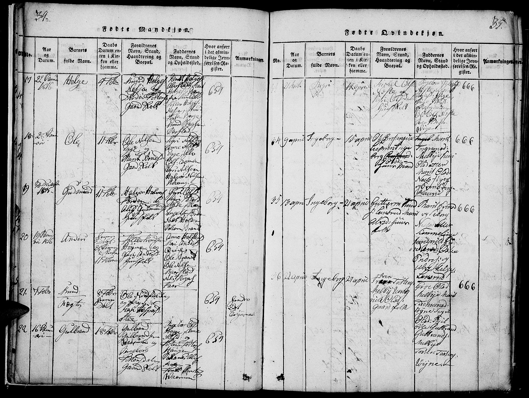 Slidre prestekontor, AV/SAH-PREST-134/H/Ha/Haa/L0002: Parish register (official) no. 2, 1814-1830, p. 34-35