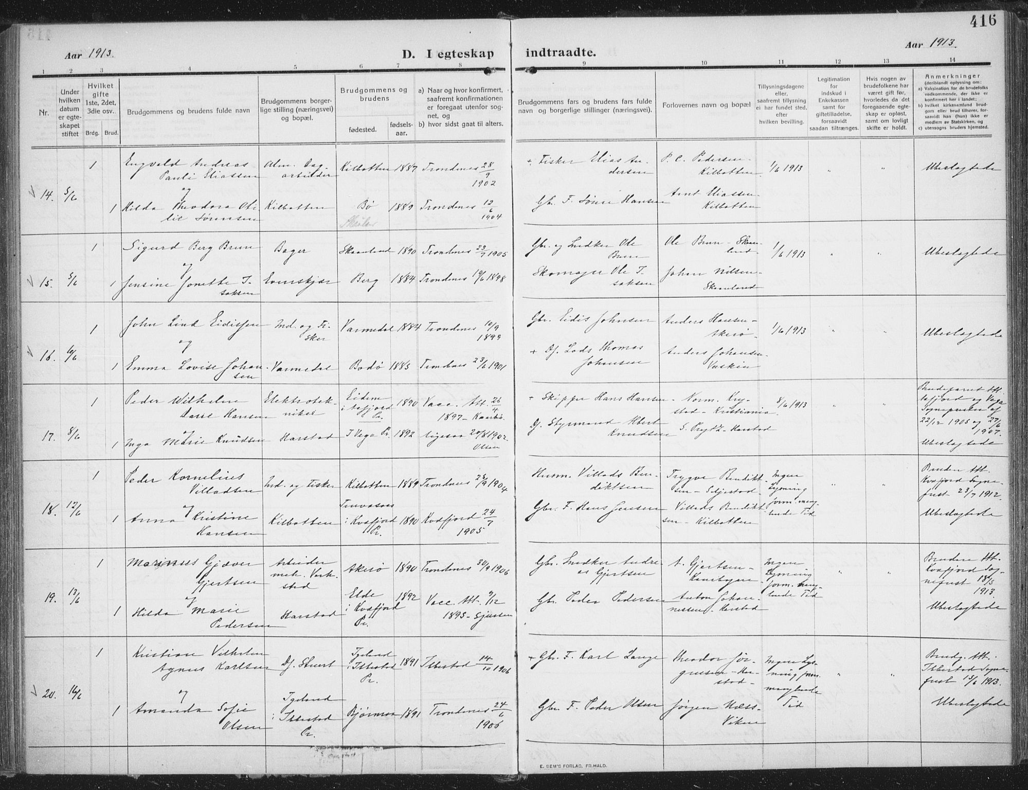 Trondenes sokneprestkontor, AV/SATØ-S-1319/H/Ha/L0018kirke: Parish register (official) no. 18, 1909-1918, p. 416