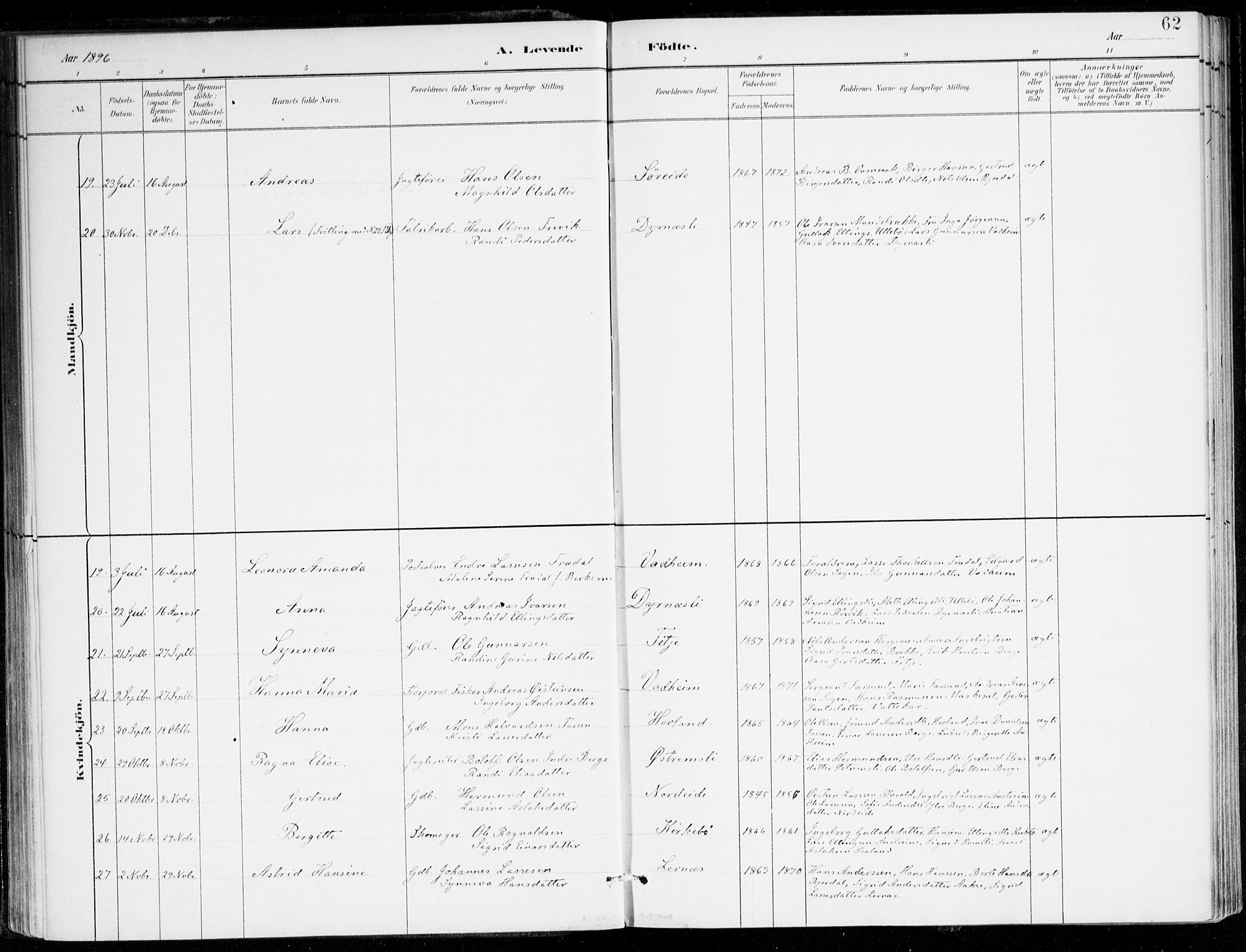 Lavik sokneprestembete, SAB/A-80901: Parish register (official) no. C 1, 1882-1904, p. 62