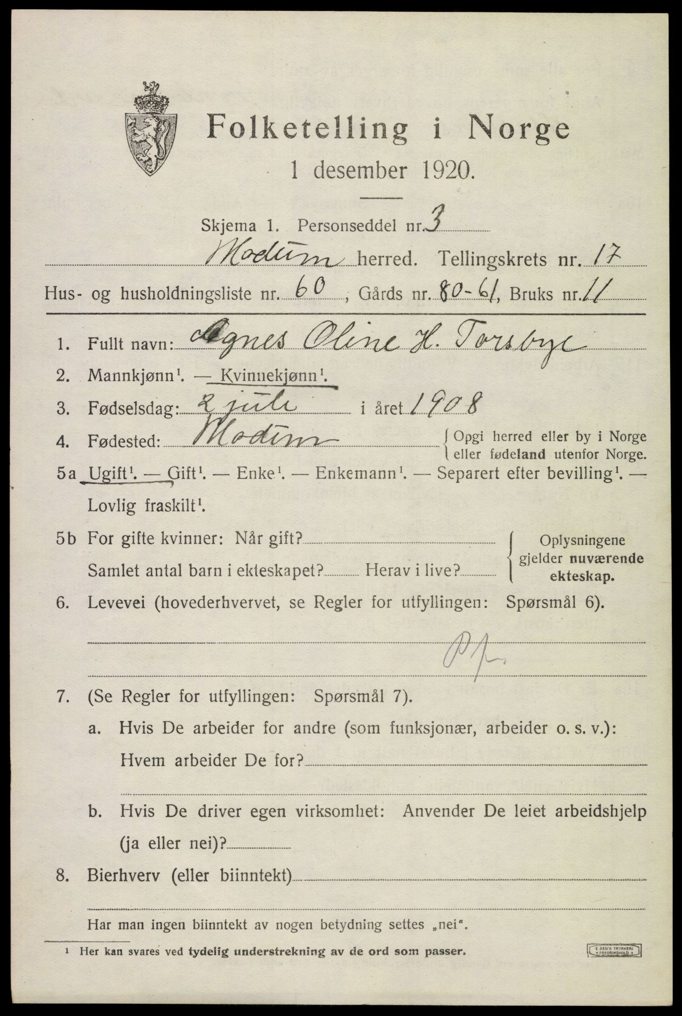 SAKO, 1920 census for Modum, 1920, p. 20923