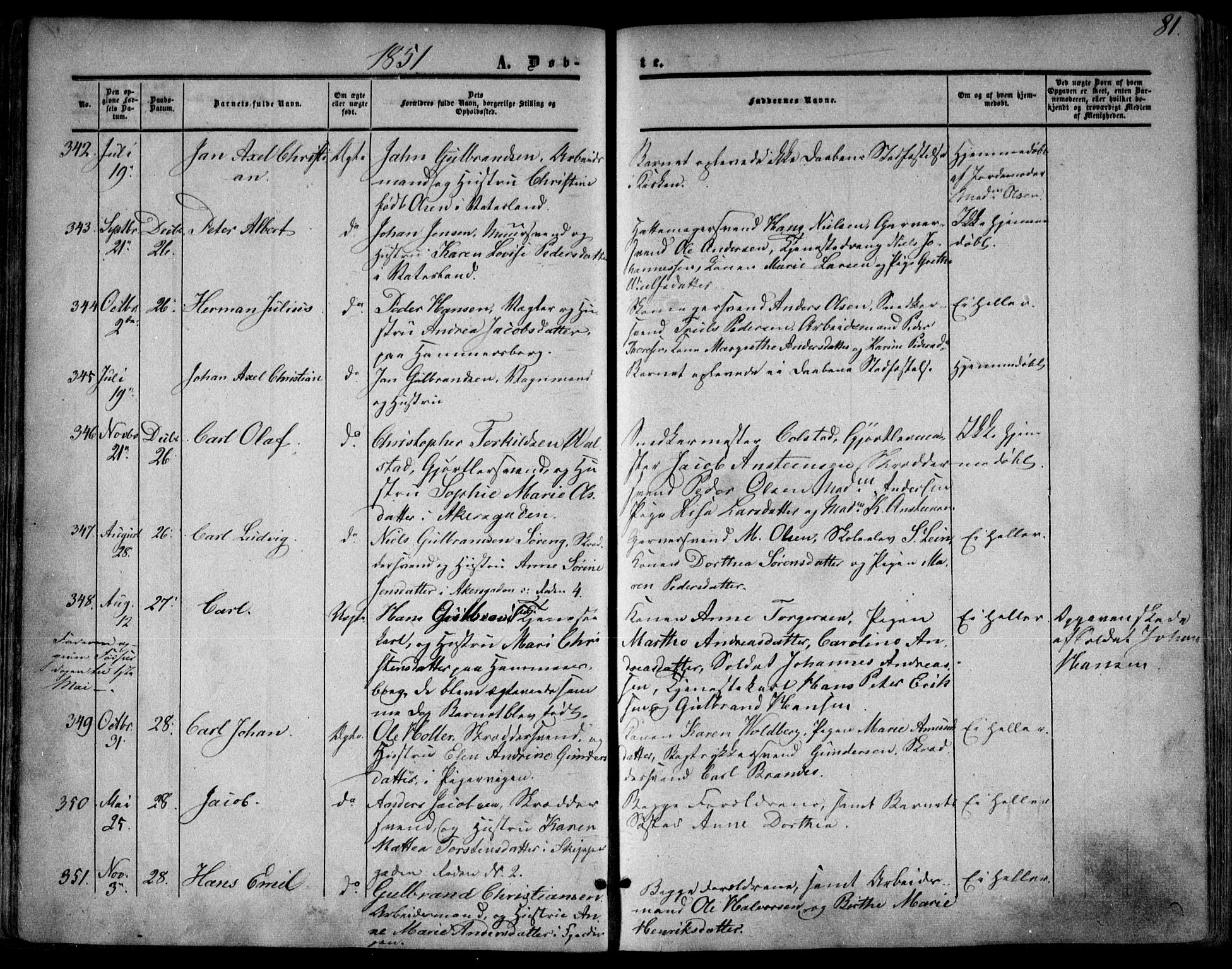 Oslo domkirke Kirkebøker, SAO/A-10752/F/Fa/L0014: Parish register (official) no. 14, 1850-1857, p. 81