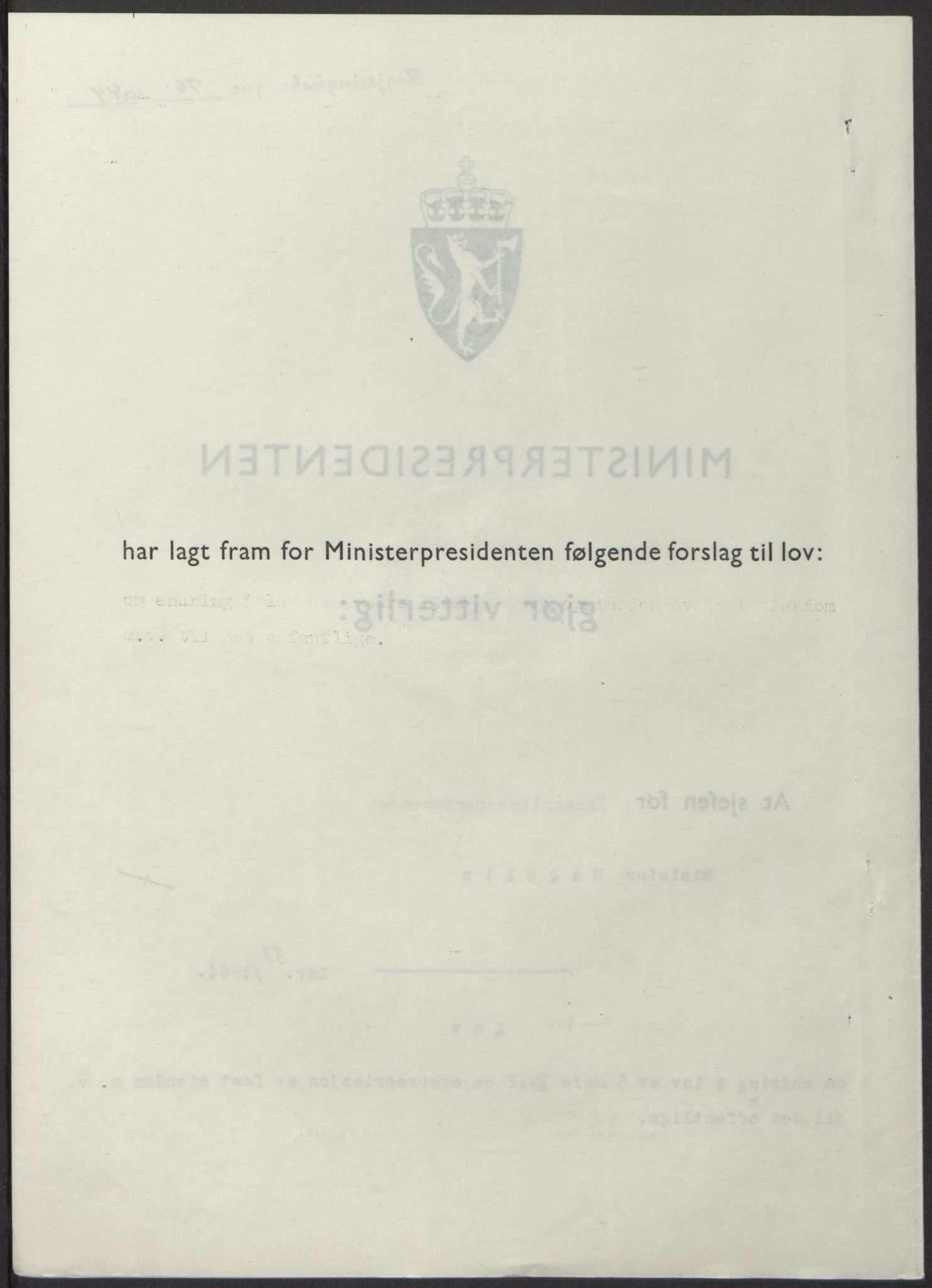 NS-administrasjonen 1940-1945 (Statsrådsekretariatet, de kommisariske statsråder mm), AV/RA-S-4279/D/Db/L0100: Lover, 1944, p. 148