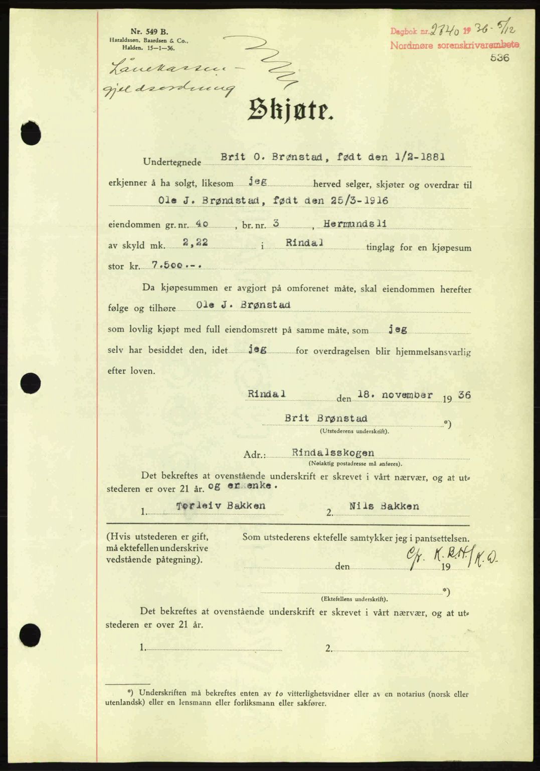 Nordmøre sorenskriveri, AV/SAT-A-4132/1/2/2Ca: Mortgage book no. A80, 1936-1937, Diary no: : 2740/1936