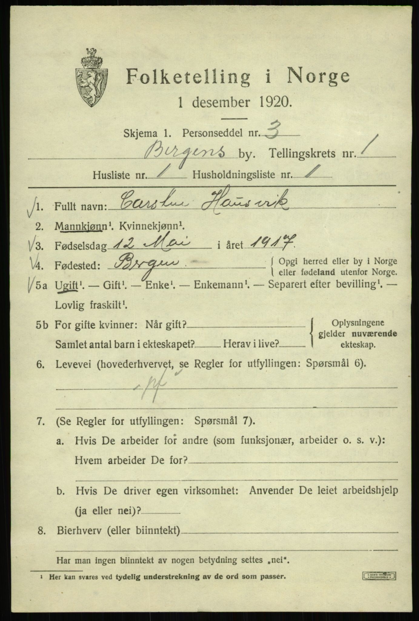 SAB, 1920 census for Bergen, 1920, p. 58185